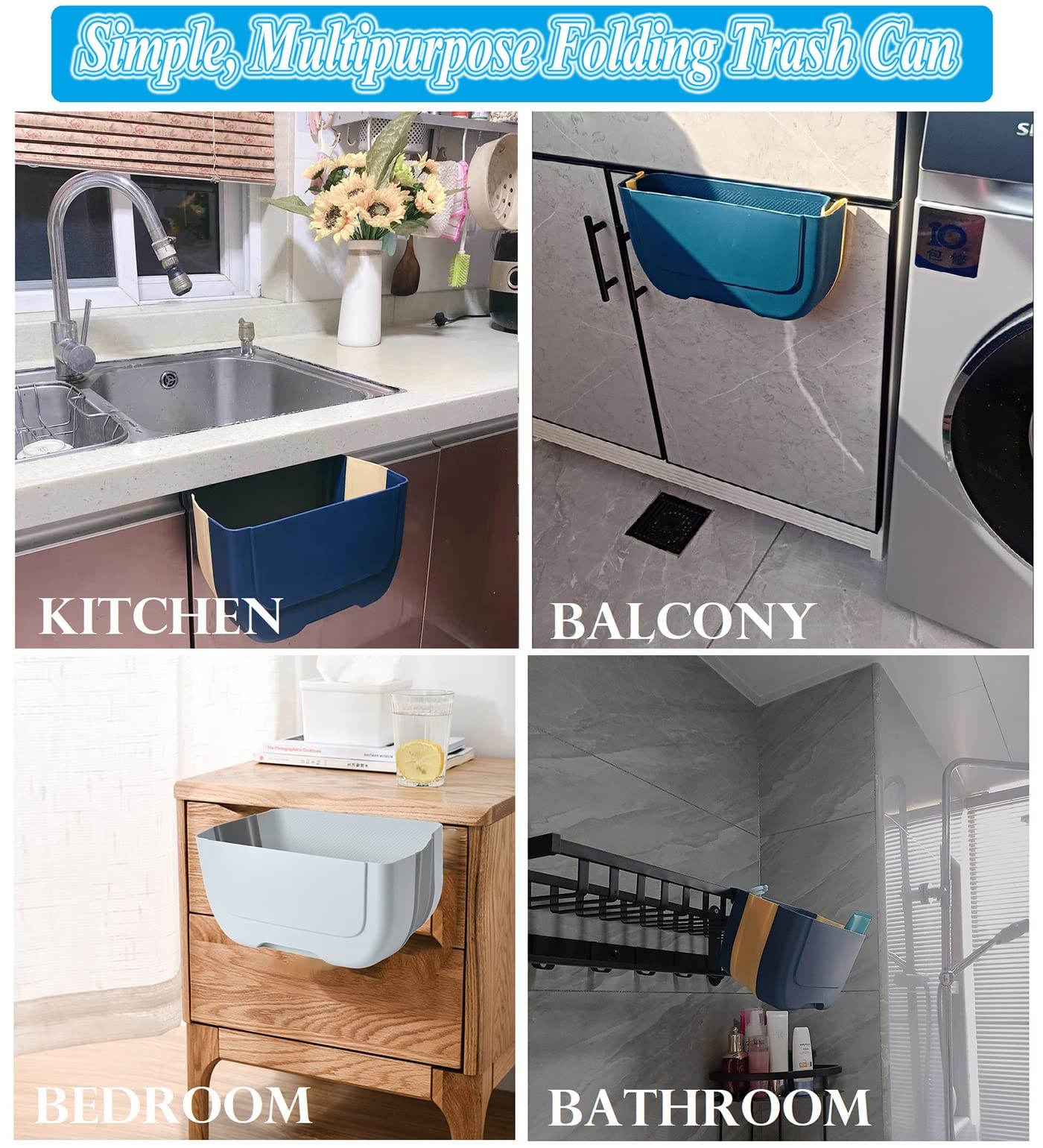 Foldable Hanging Kitchen Trash Can - 3L Collapsible Mini Waste Bin for Cabinet Door, Car, Bedroom & Bathroom | Space-Saving Solution for Small Spaces (Blue) - Perfect for Apartments, RVs, Dorm Rooms & Compact Kitchens