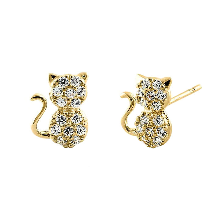 14K Solid Yellow Gold Cat Stud Earrings with Clear CZ Stones - Perfect for Everyday Wear, Gifts & Special Occasions