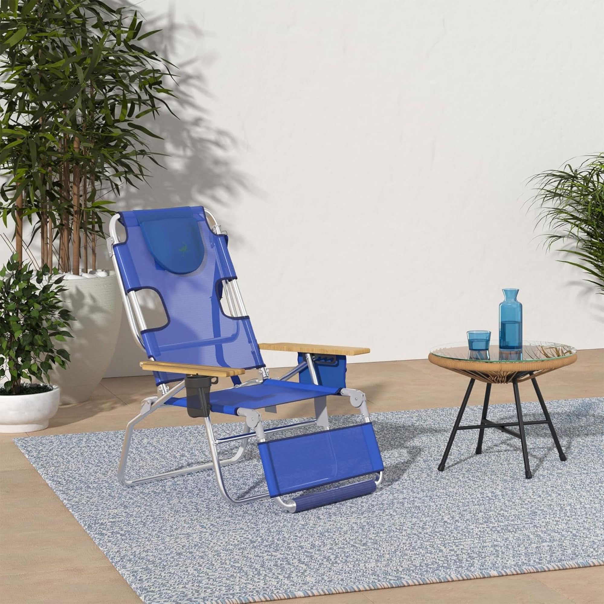 Ostrich Altitude 3-in-1 Lightweight Reclining Lounge Chair with Footrest - Portable Outdoor Beach Lawn Chair for Patio, Balcony, Backyard & Porch (Blue Stripe) - Perfect for Sunbathing, Camping & Relaxing in Your Garden