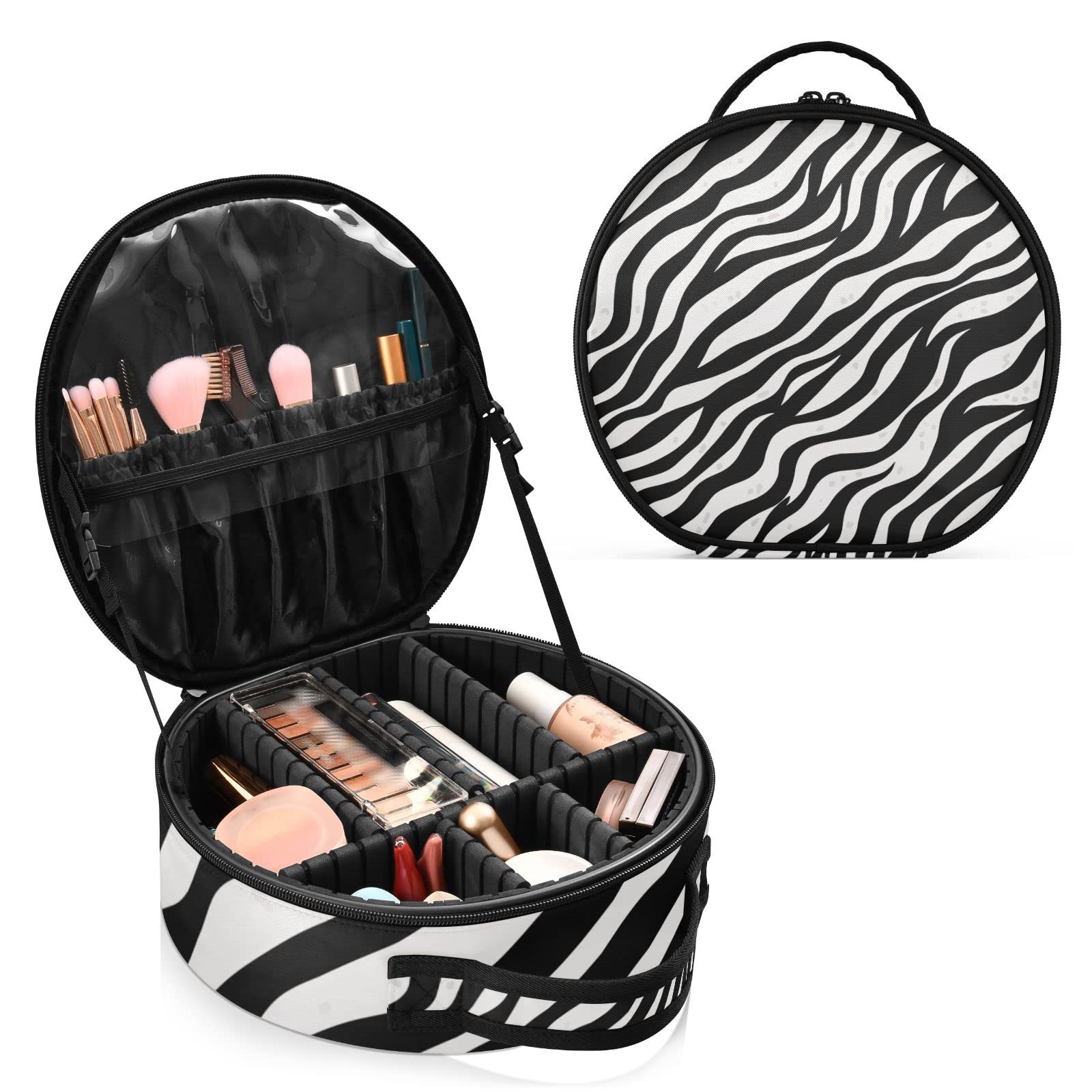 Linqin Portable Makeup Bag for Women - Travel Makeup Organizer with Adjustable Dividers, Black White Zebra Fur Cosmetic Case for Brushes, Toiletries & Jewelry | Perfect for Travel, Gym & Daily Use