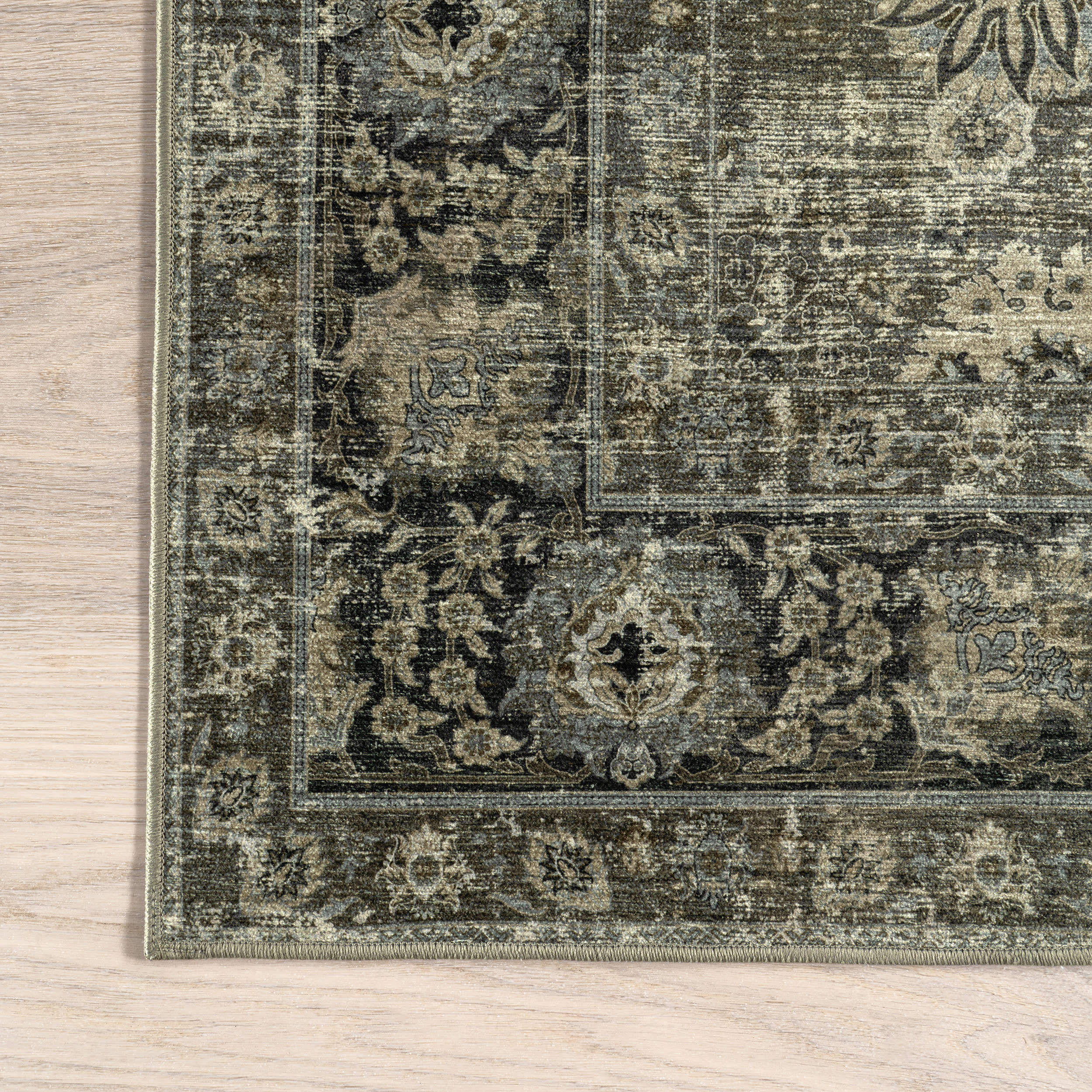 Bayberry Spill Proof Vintage Washable Rug - Non-Slip Green Grey Area Rug for Living Room, Bedroom, Kitchen & High Traffic Areas
