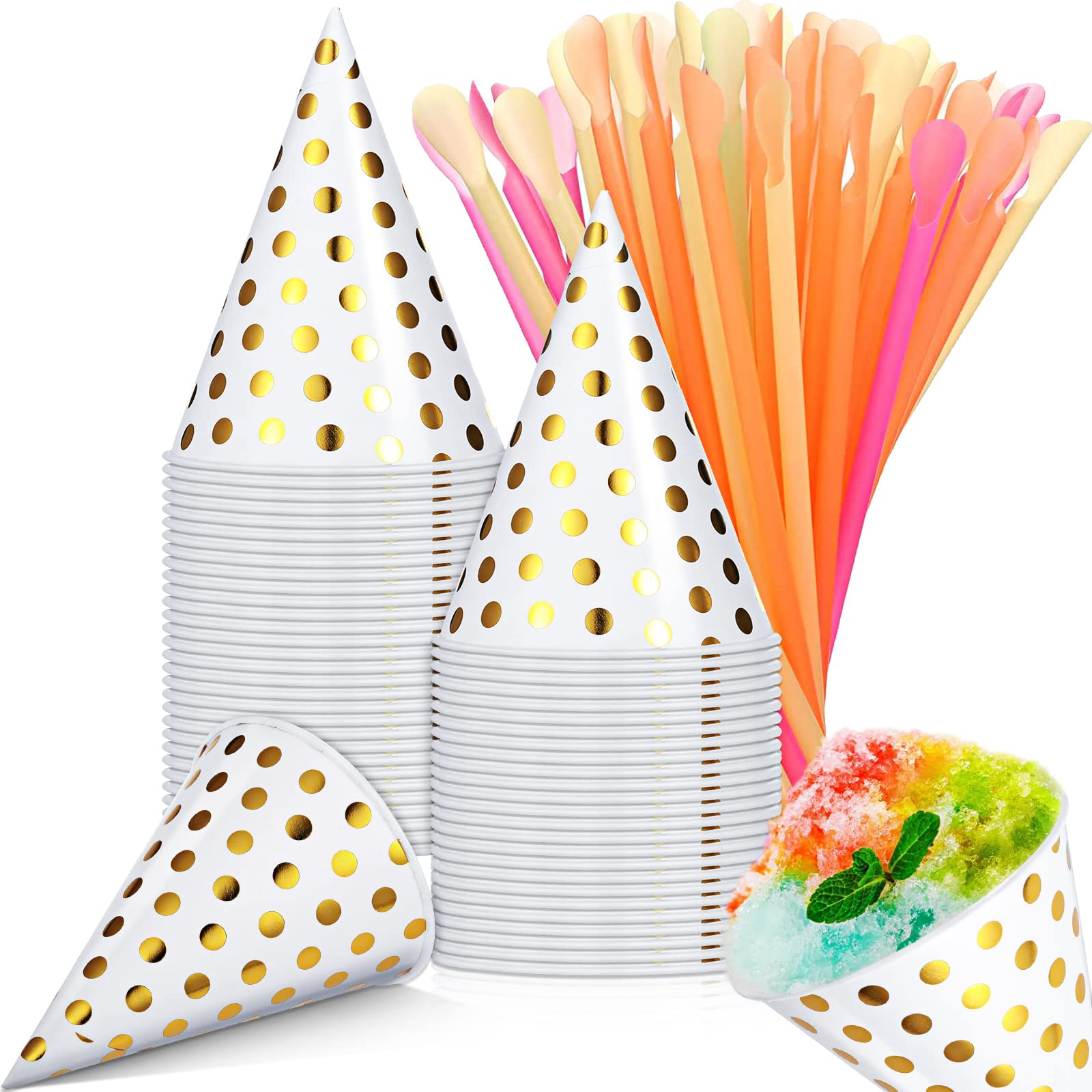 100-Pack 4.5oz Leakproof Snow Cone Cups with 100 Spoons & Straws - Premium Paper Cones for Shaved Ice, Slushies, Ice Cream, Sorbet & Cold Drinks - Perfect for Parties, Carnivals, Summer Treats & Frozen Dessert Stands