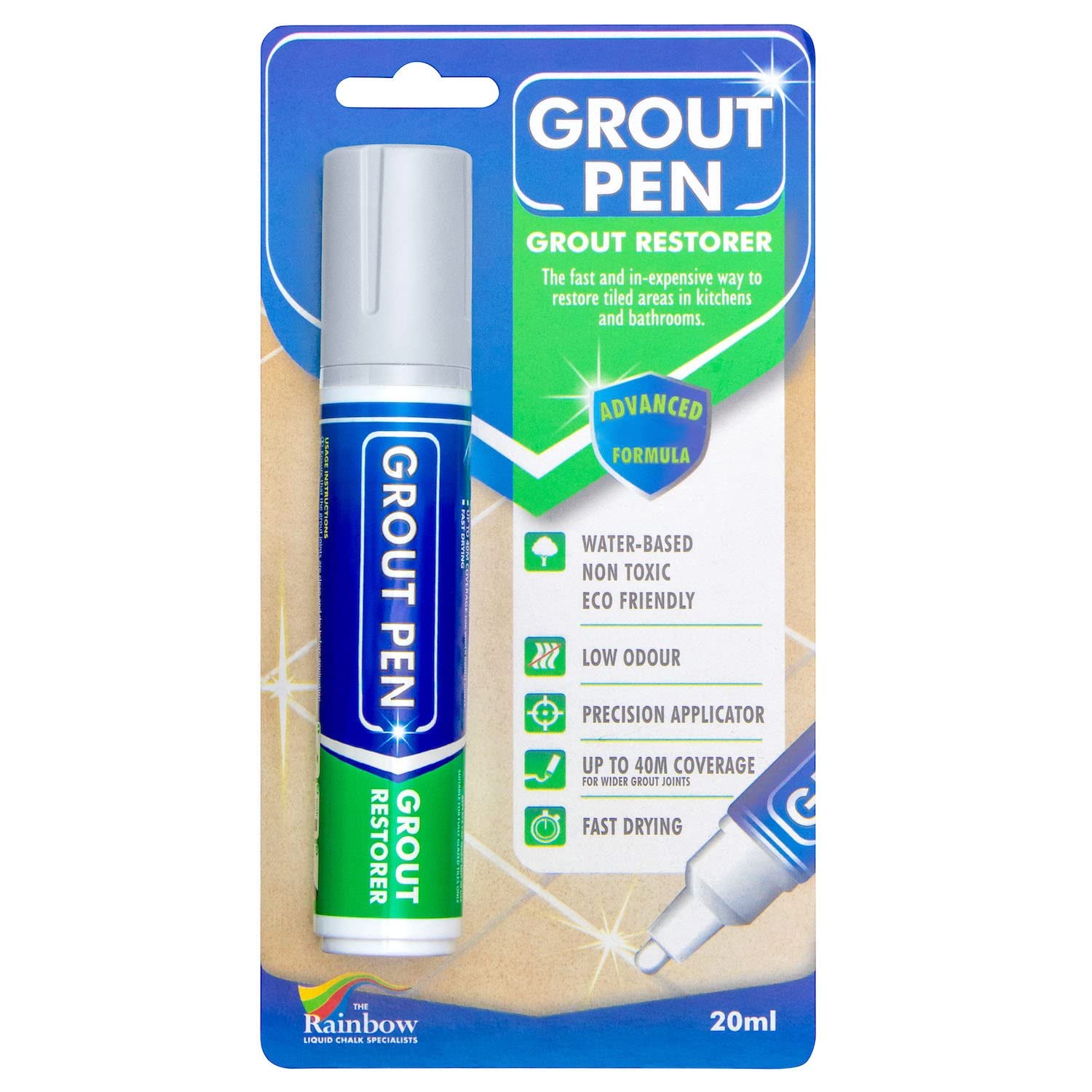 Grout Pen Tile Paint Marker - Waterproof Tile Grout Colorant & Sealer Pen with 15mm Wide Tip (20mL, Winter Grey) | Perfect for Bathroom, Kitchen & Floor Tile Repair, Renewal & Color Matching