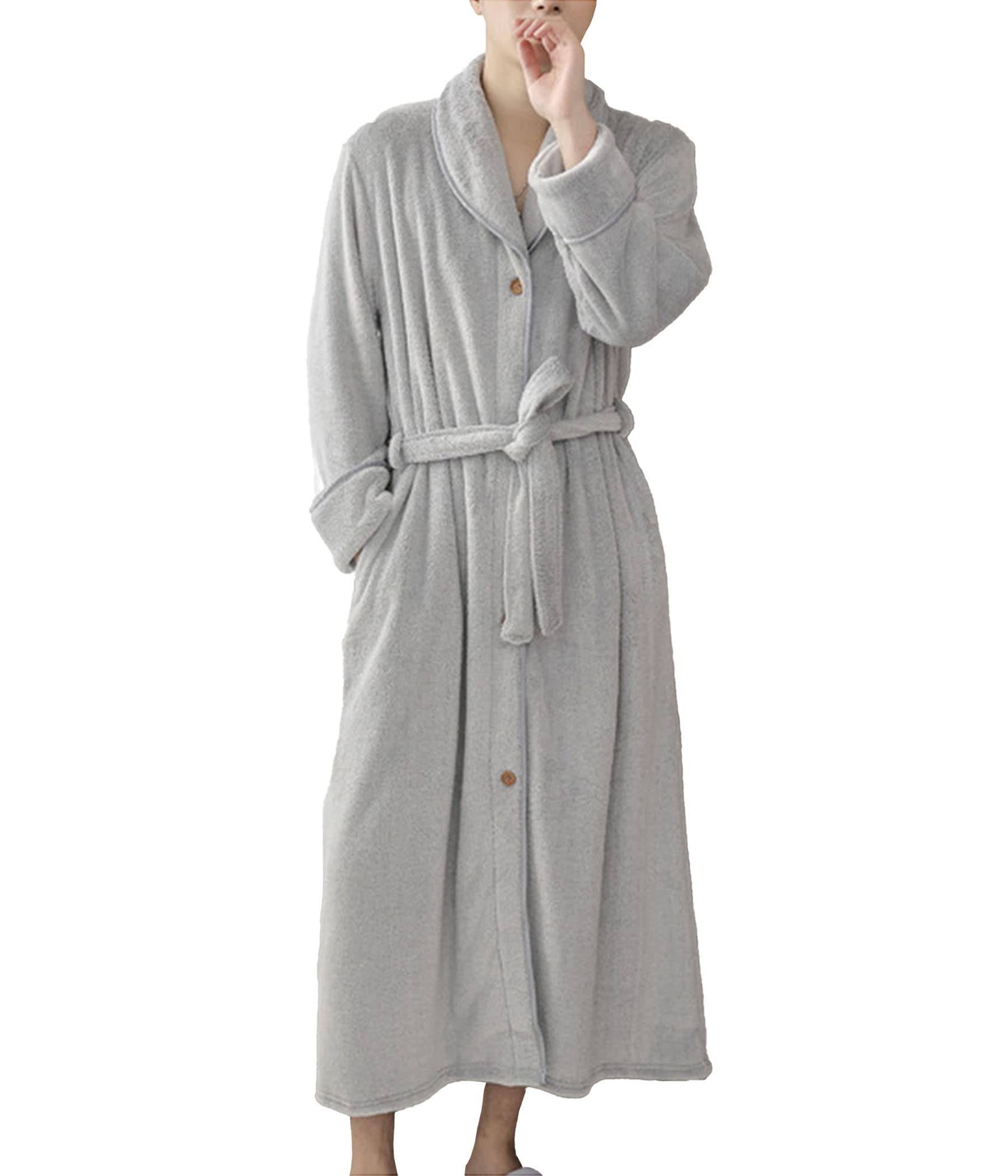 PJFCS Men's Flannel Bathrobe - Thick Warm Long Sleeve Sleepwear Cardigan Nightgown for Winter | Cozy Home Wear & Loungewear | Unisex Design for Relaxing at Home or Spa Days