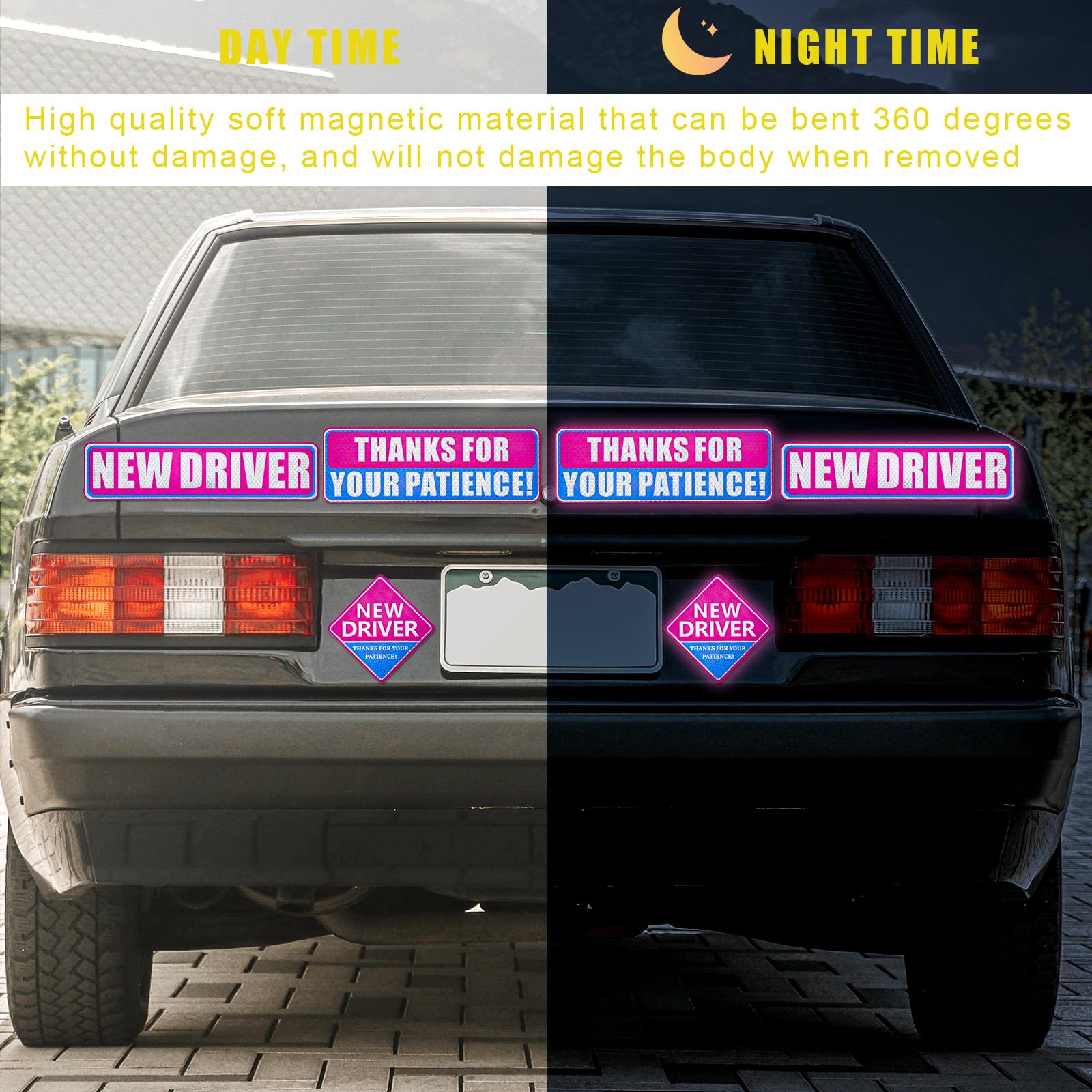 3-Piece New Driver Magnet Set for Cars - Reflective Magnetic Bumper Stickers with 