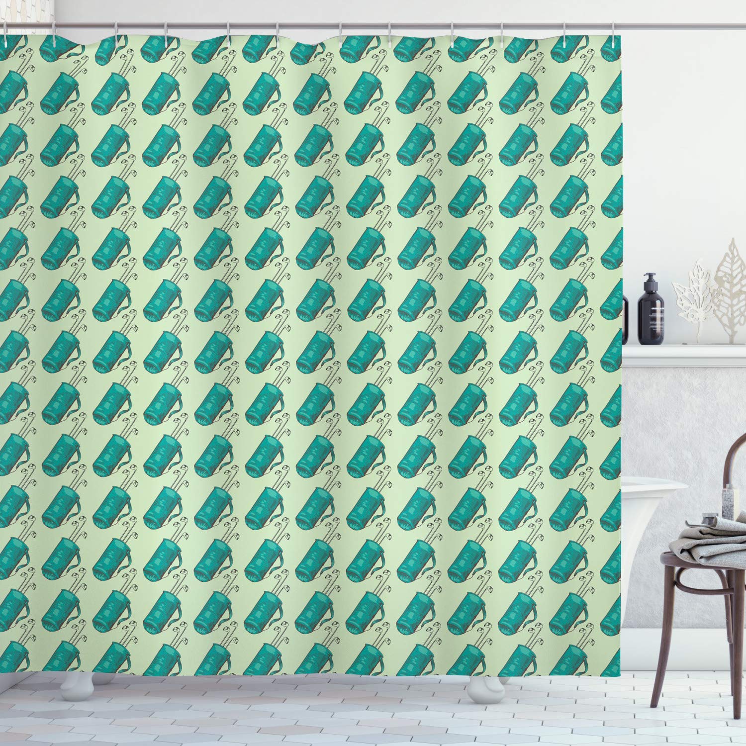 Ambesonne Golf Shower Curtain - Modern Sports Design with Golf Clubs in Bag Illustration, 69x75 Inch Waterproof Fabric Bathroom Decor with Hooks, Turquoise & Pale Green - Perfect for Golf Lovers' Bathroom & Sports-Themed Home Decor