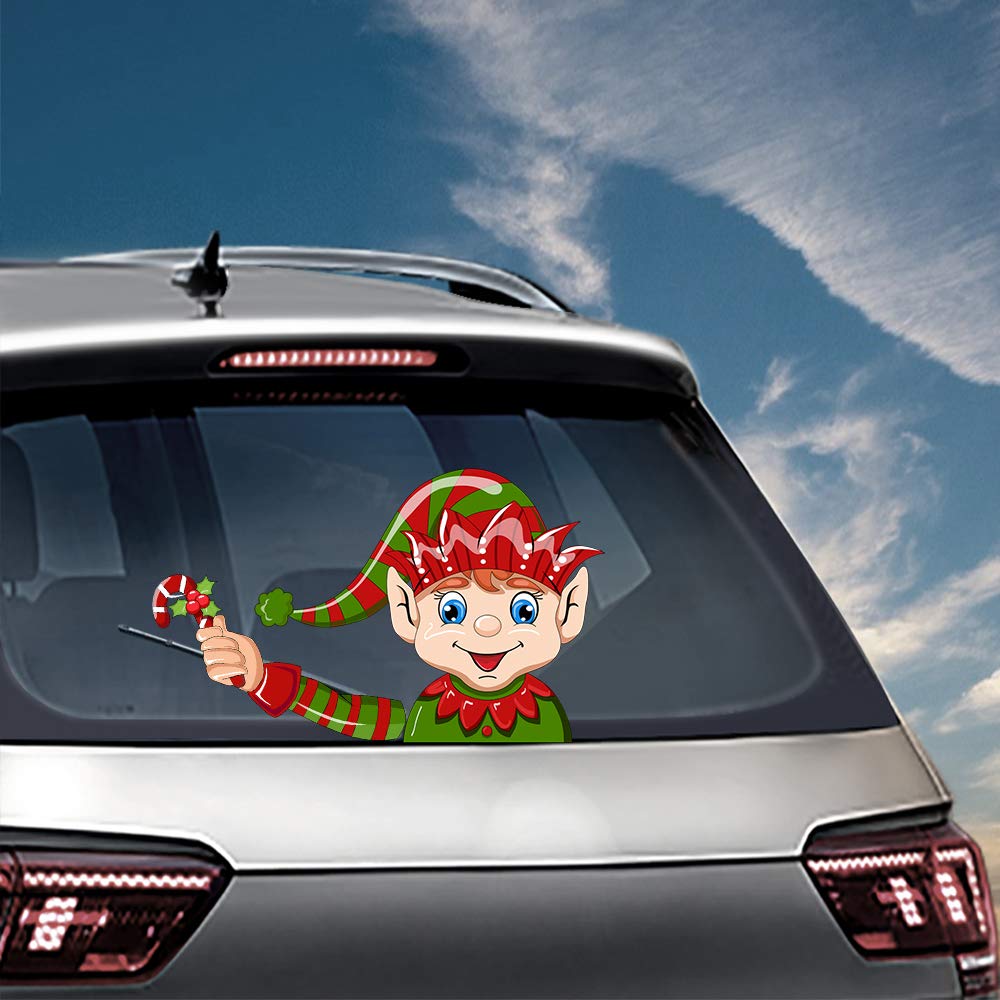 Funny Christmas Elf Waving Arm Car Wiper Decal - Waterproof Rear Windshield Wiper Blade Sticker for Cars (Long Hat Elf Design) - Perfect for Holiday Car Decorations & Christmas Party Vehicle Accessories