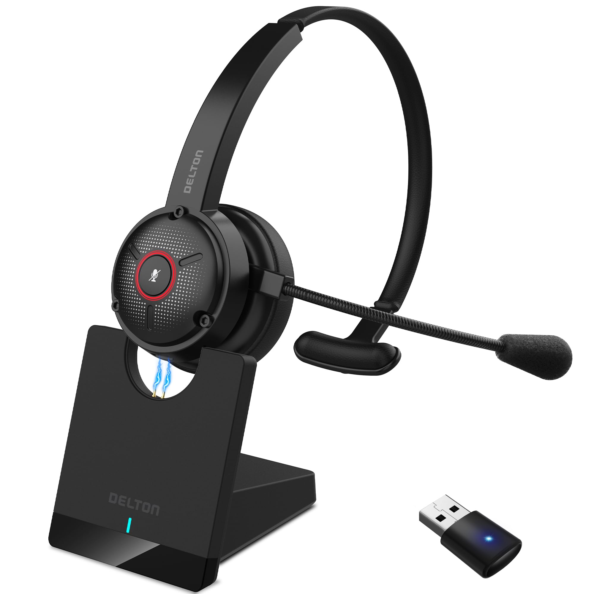 Delton Wireless Noise Canceling Headset with USB Dongle & Charging Dock - Bluetooth Computer Headphone for PC, Laptop, Mac - Works with Zoom, Microsoft Teams, Google Meet - Perfect for Home Office, Online Meetings & Remote Work (Black)