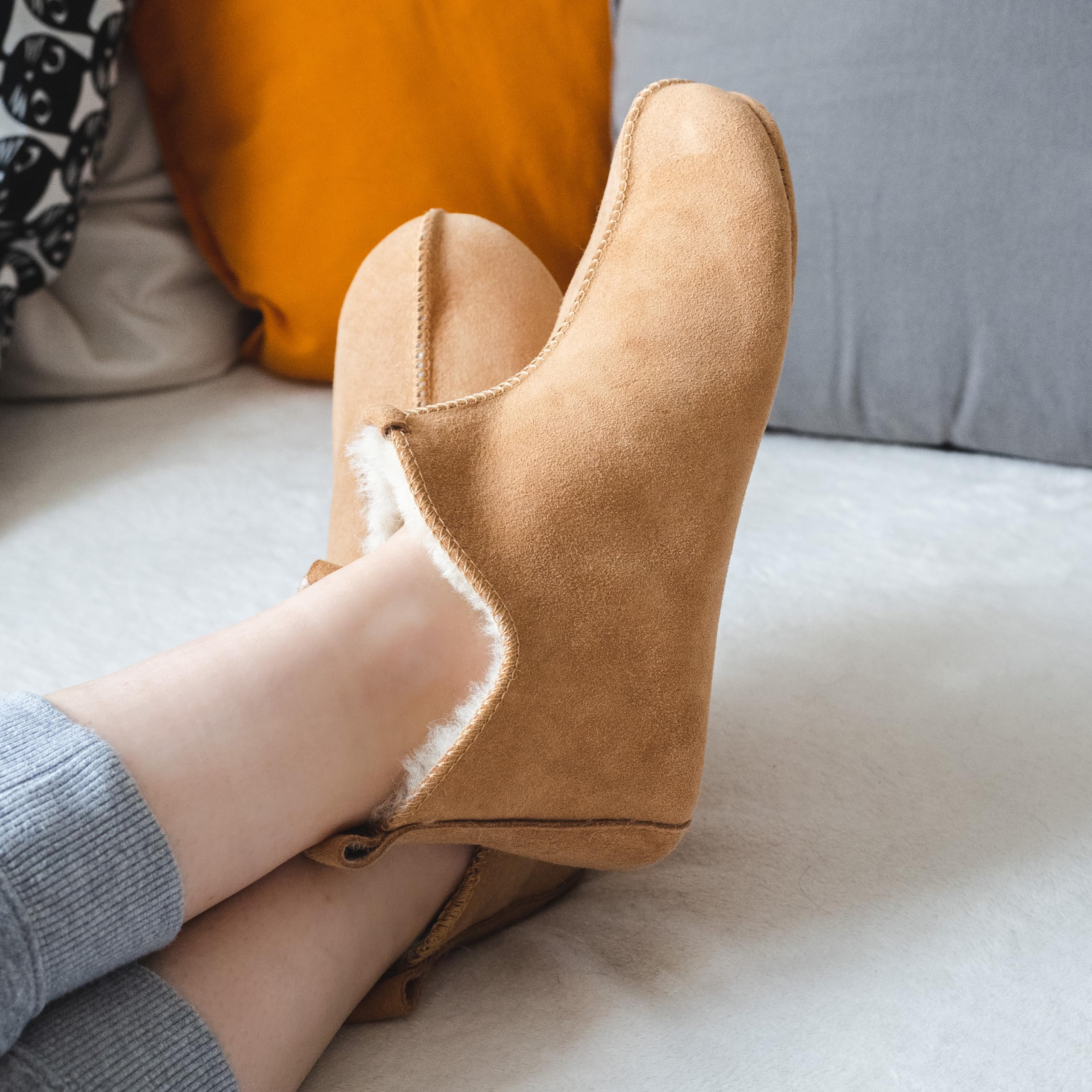 Unisex Natural Beige Wool Slippers with Soft Sole - Genuine Sheepskin Winter Slippers for Men and Women - Handmade Warm House Shoes for Indoor Comfort & Cozy Home Wear