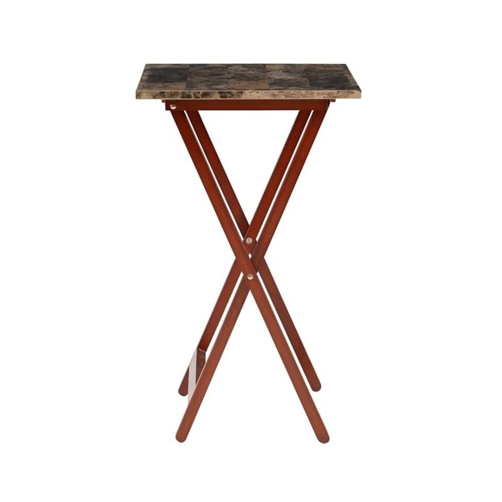 5 Piece Set Faux Marble TV Tray Table Stand in Brown - 4 Adjustable Tray Tables & 1 Sturdy Stand for Living Room, Bedroom, or Outdoor Use - Perfect for Dining, Working, or Entertaining