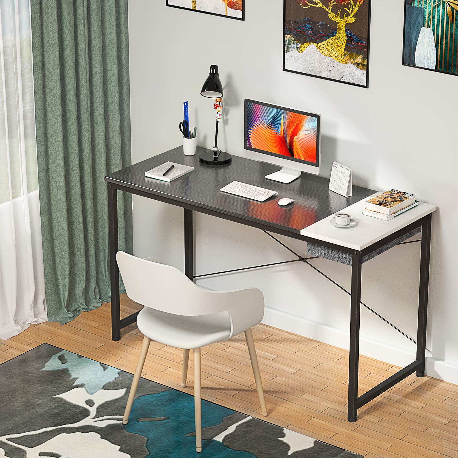 Foxemart 47 Inch Computer Desk - Modern Home Office Desk with Storage Bag & Drawer, Study Writing Workstation for Small Spaces, Black & White - Perfect for Remote Work, Online Learning & Gaming Setup