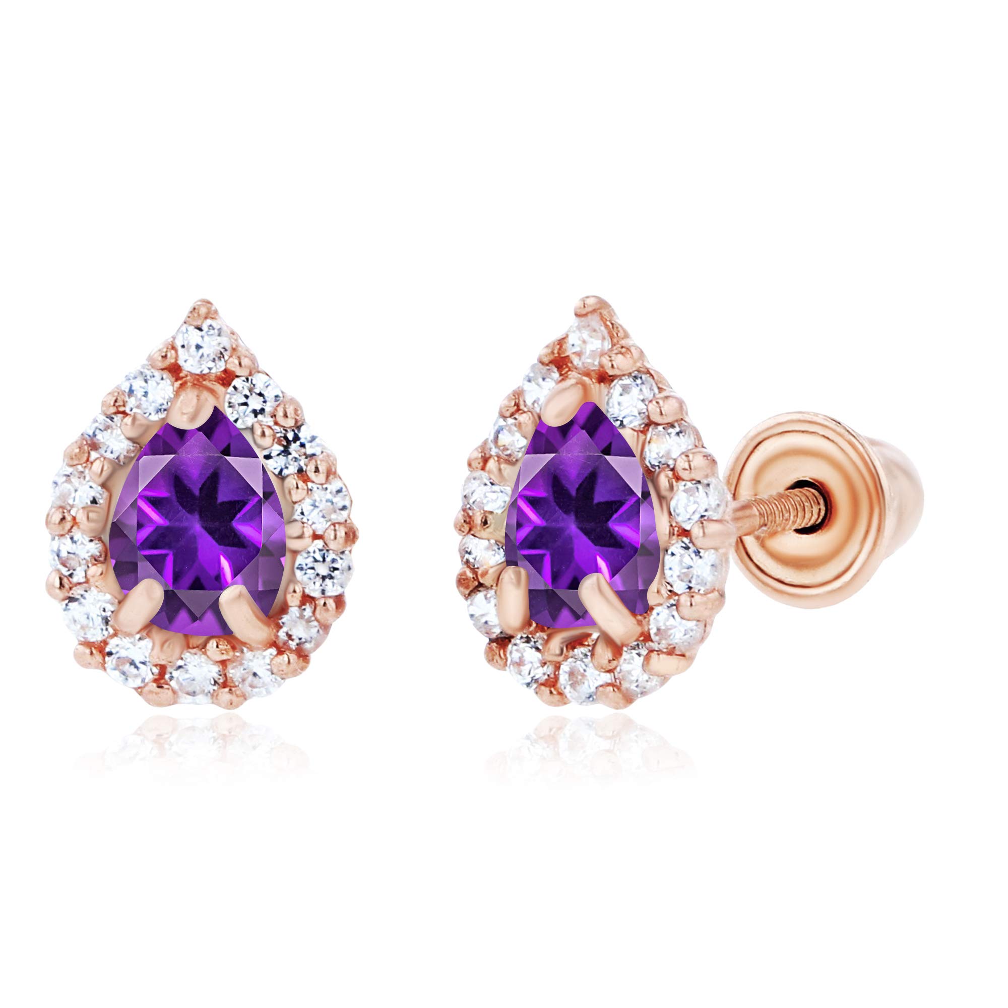 14K Solid Gold Pear Shaped Natural Birthstone Screwback Stud Earrings for Women | 7x5mm & 4x3mm Pear Cut Earrings | 1mm Created White Sapphire Halo Earrings | Perfect for Gifts, Weddings, Anniversaries and Everyday Wear