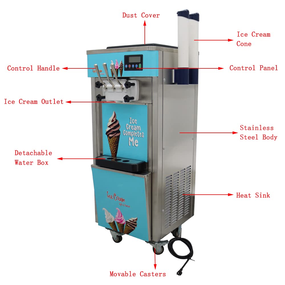 INTSUPERMAI Commercial Soft Serve Ice Cream Machine - 3 Flavor LCD Display, Stainless Steel, 110V, 20-30L/H - Perfect for Restaurants, Shops, Snack Bars, Cafes, and Ice Cream Parlors