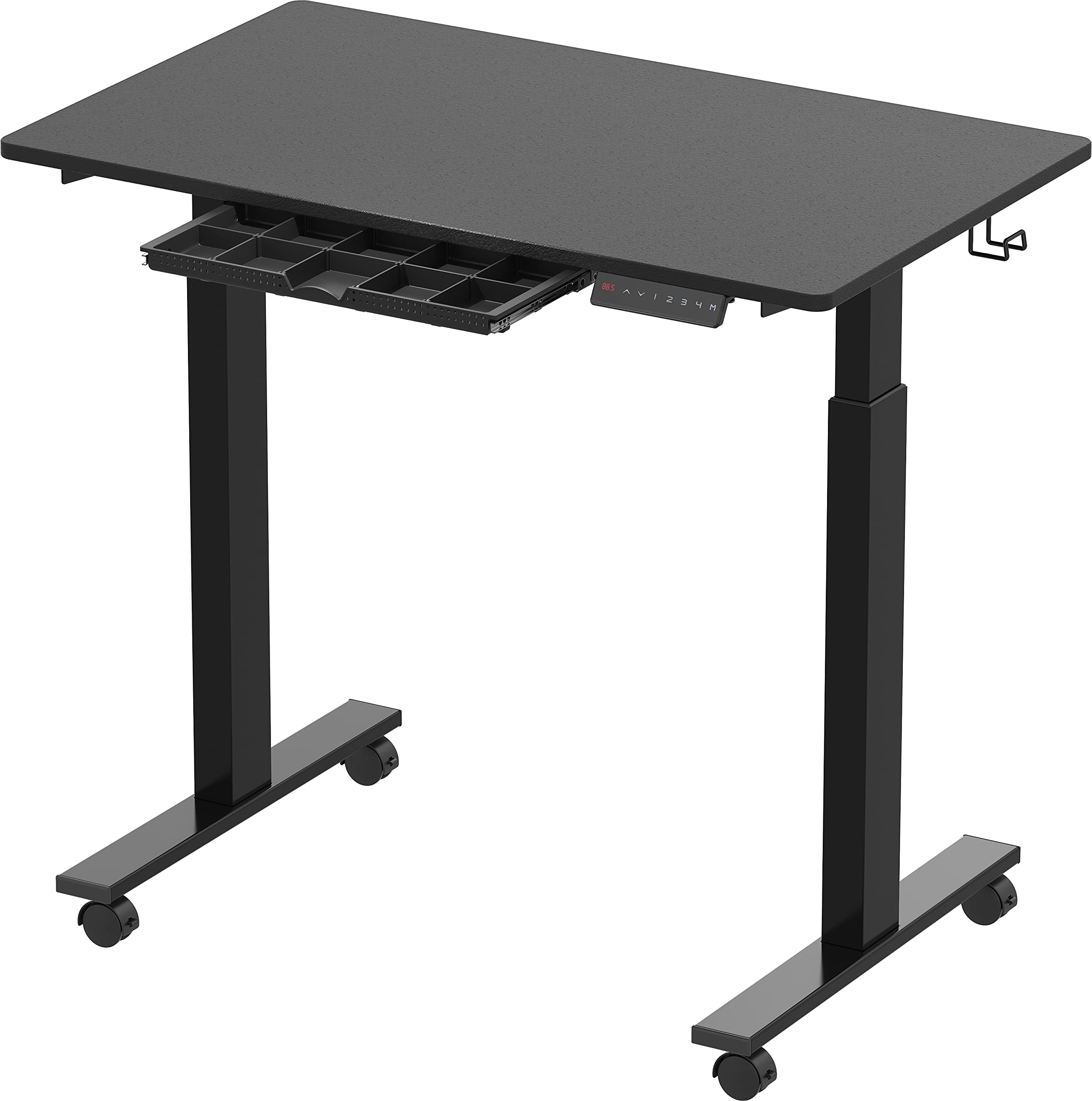 SHW 40 x 24 Inches Electric Height Adjustable Standing Desk with Drawer - Mobile Sit Stand Workstation with Hanging Hooks & Cable Management, Black - Perfect for Home Office, Study & Small Workspaces