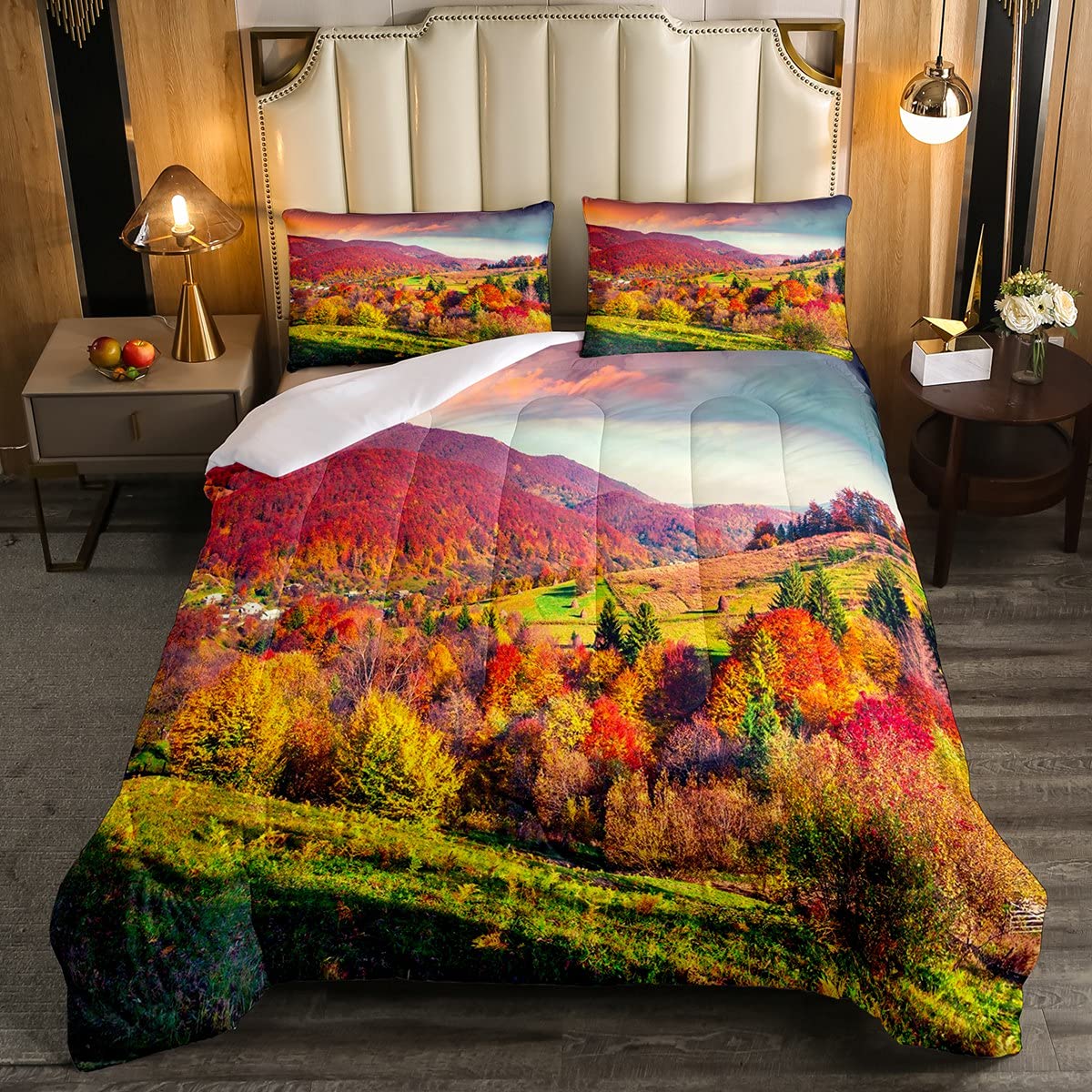 Maple Leaf Down Comforter Set - Autumn Scenery Bedding with 1 Comforter & 1 Pillowcase - Twin Size Rustic Country Quilt for Cozy Cabin or Farmhouse Bedroom Decor - Perfect for Fall Season & Nature-Inspired Home Styling