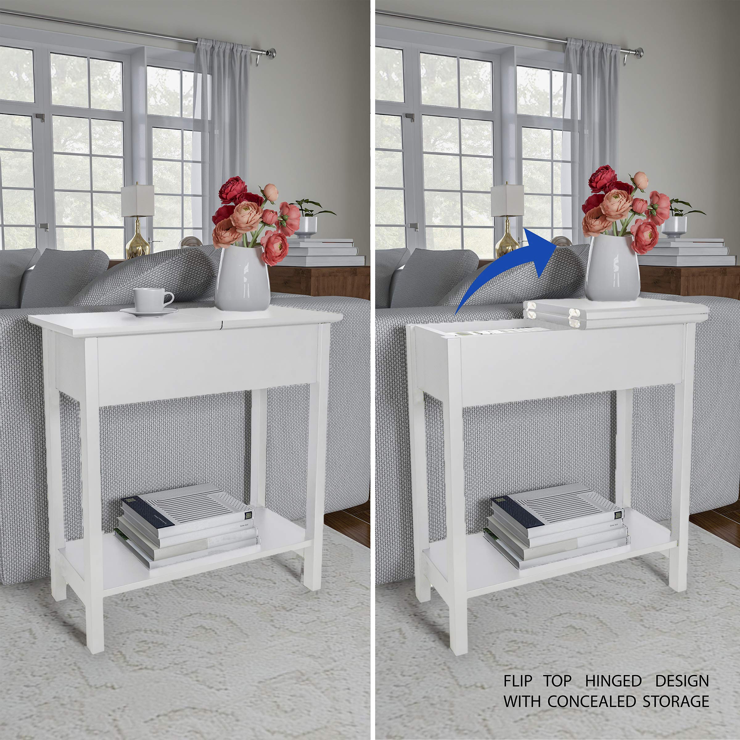 Lavish Home Flip Top Console Table Set of 2 - White End Tables with Hidden Hinged Storage & Lower Shelf for Living Room, Bedroom, Entryway | Space-Saving Modern Furniture for Small Apartments & Home Organization
