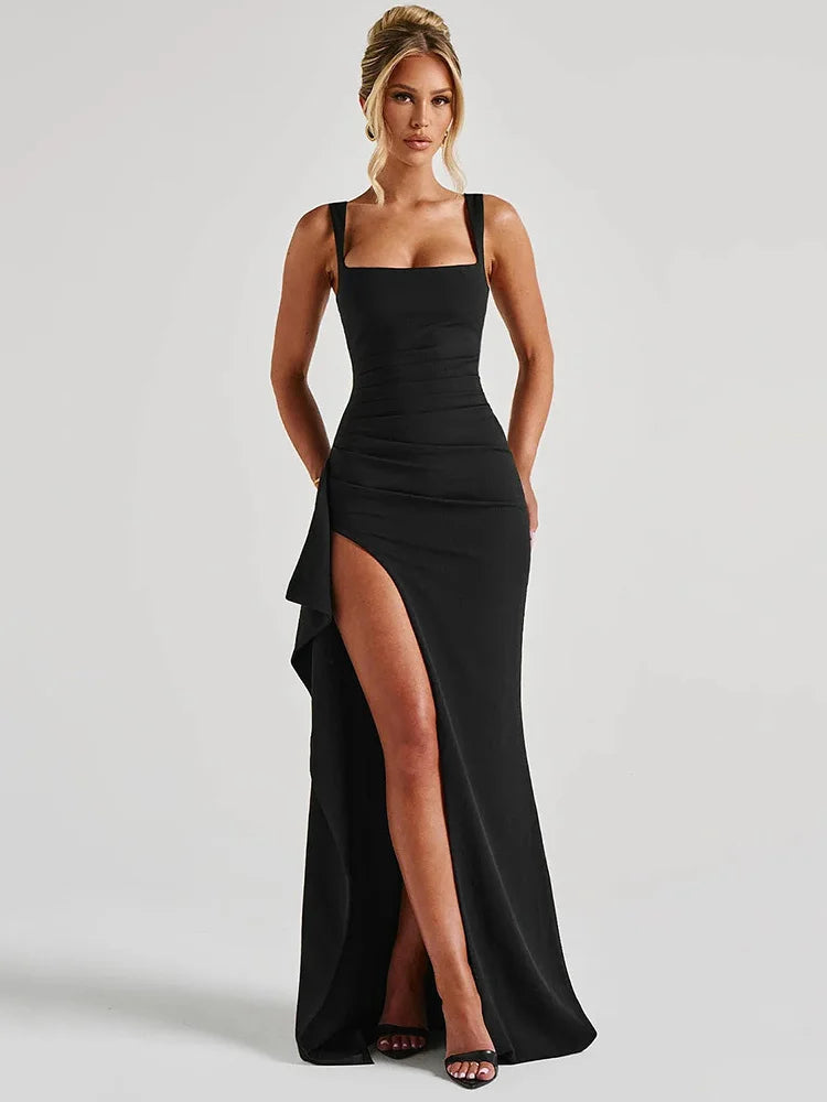 Sexy Black Backless Maxi Dress for Women - Spaghetti Strap Sleeveless Evening Gown with Thigh High Split | Perfect for Club Nights, Parties & Special Occasions