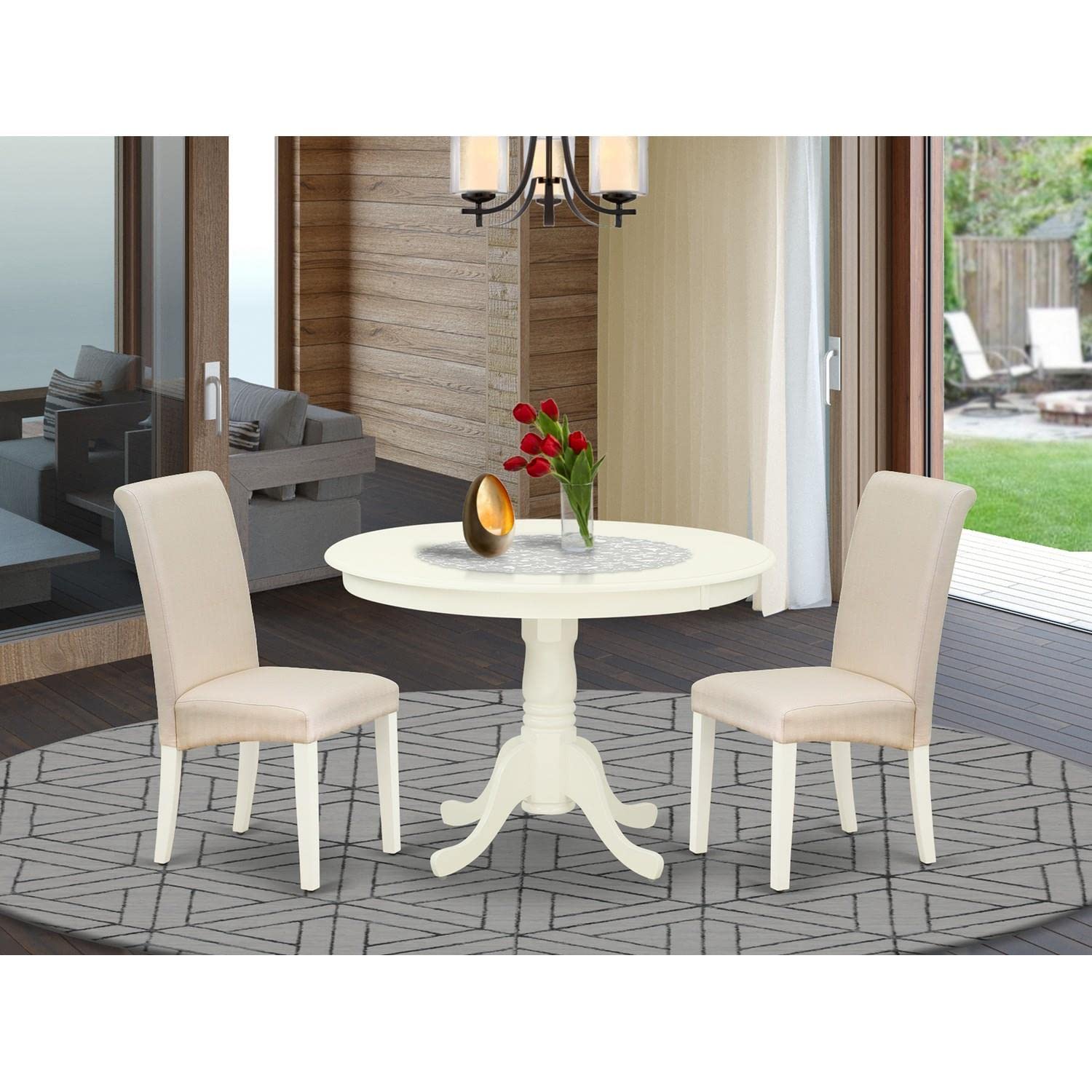 East West Furniture HLBA3-LWH-01 3-Piece Round Dining Set with Pedestal Table & 2 Cream Linen Parsons Chairs, 42x42 Inch, Linen White - Perfect for Small Spaces, Breakfast Nooks & Cozy Apartment Dining