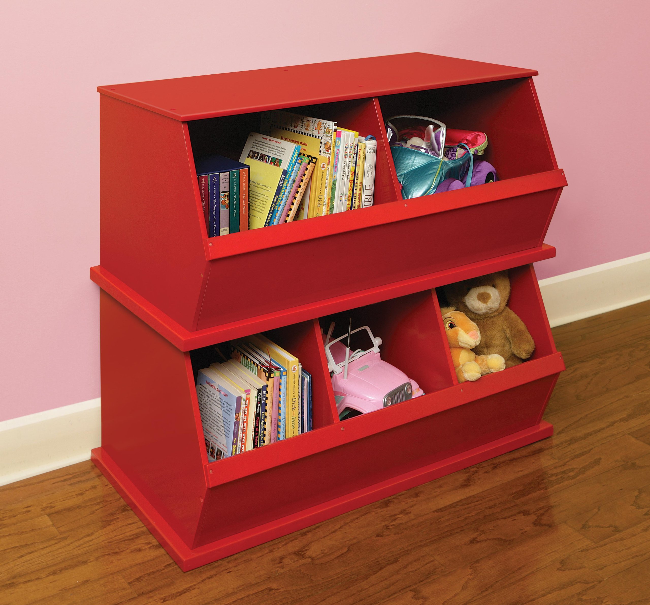 Badger Basket Two Bin Stackable Toy Storage Organizer for Kids Room - Red | Perfect for Playroom, Nursery & Bedroom Organization