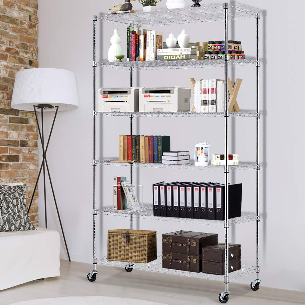 6-Tier Heavy Duty Metal Storage Shelf with Wheels - Adjustable Height NSF Commercial Grade Wire Rack for Garage, Kitchen & Office Organization - Chrome Utility Shelving Unit