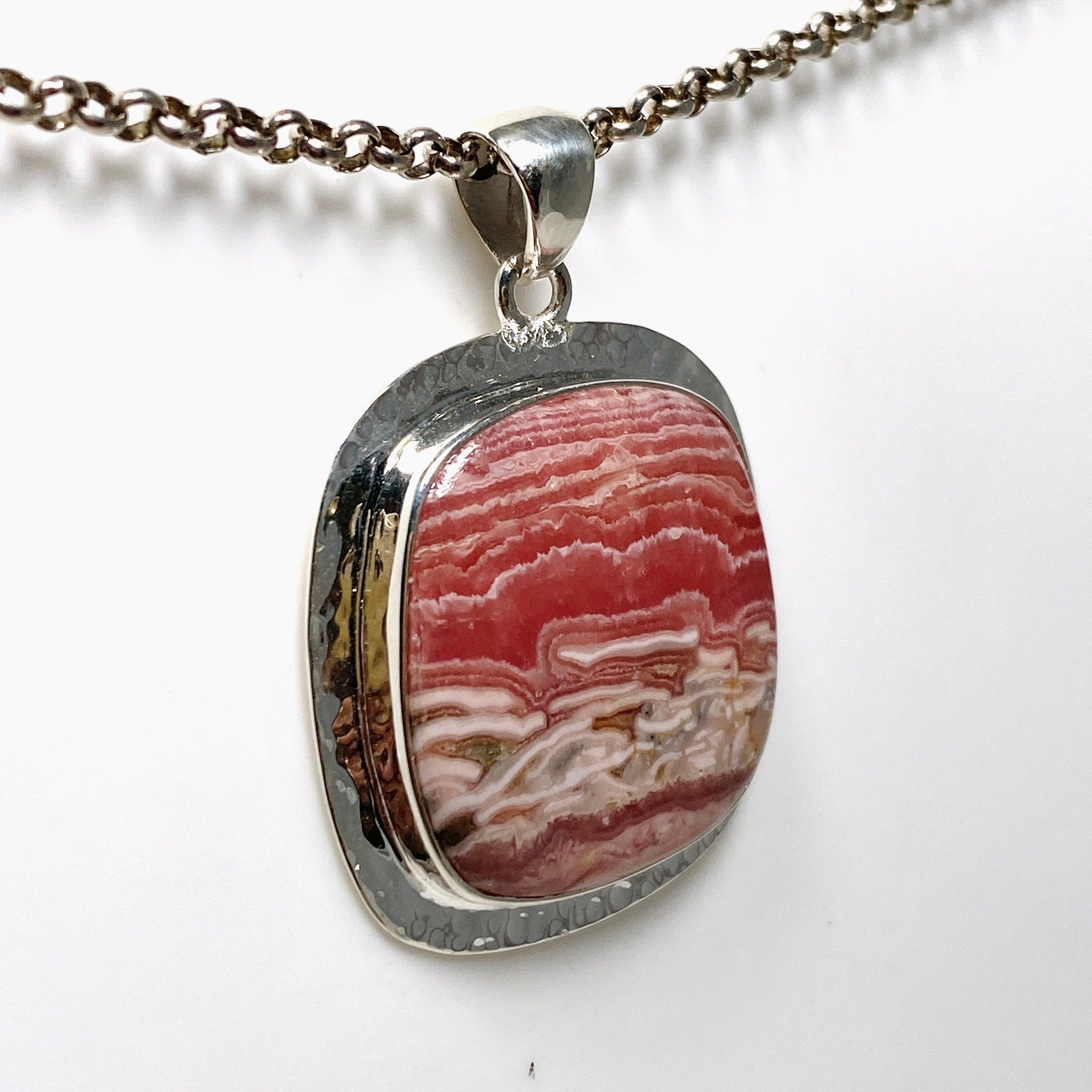Rhodochrosite Square Pendant Necklace - Handcrafted Hammered Sterling Silver Jewelry KPGJ4322 | Perfect for Gifts, Weddings & Special Occasions