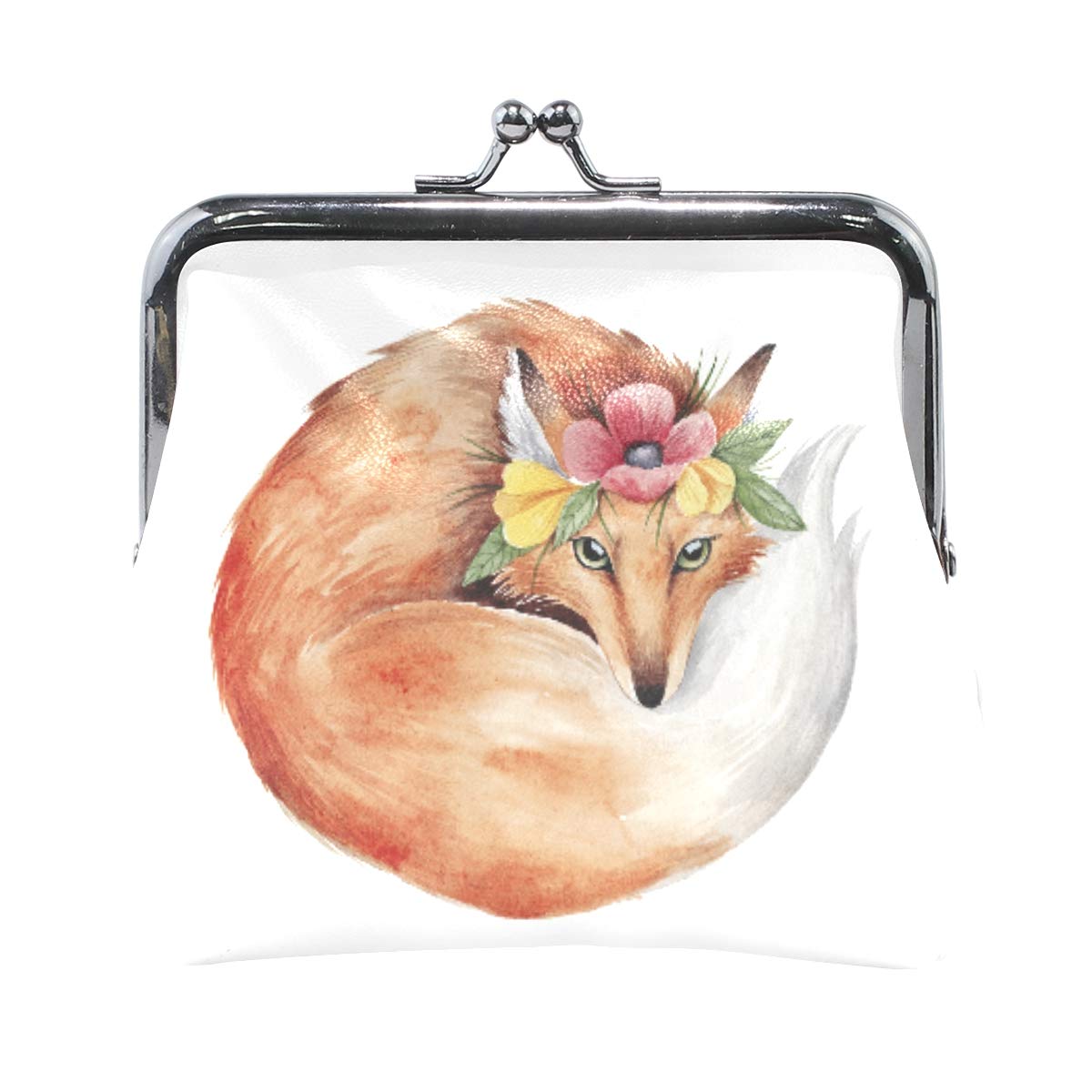Cute Little Fox Flower Watercolor Coin Purse for Women - Retro Money Pouch with Kiss-lock Buckle, Small Wallet for Cards & Change - Perfect for Daily Use, Travel, and Gift Giving