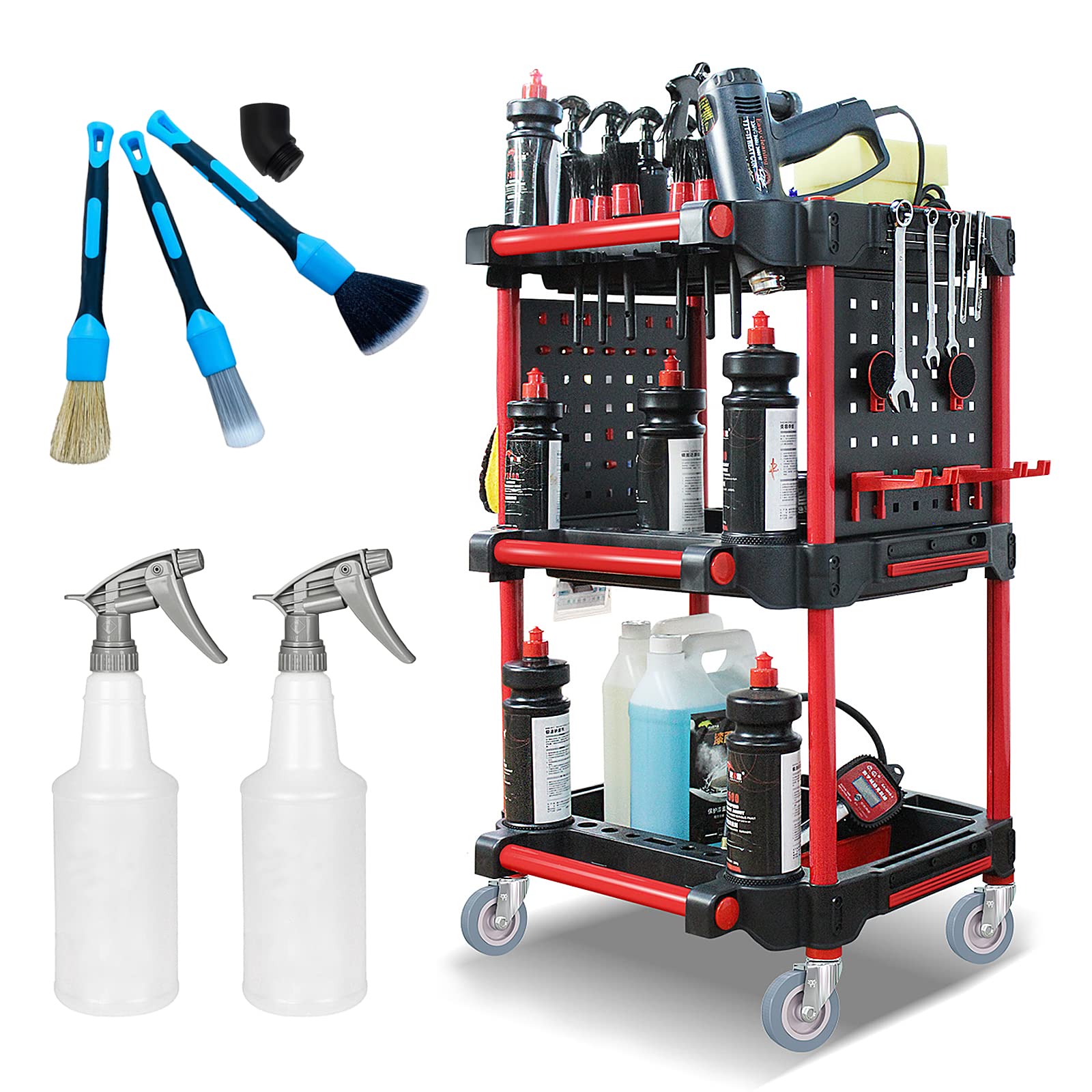 3-Tier Rolling Auto Detailing Cart with Side Hanging Plates, Hooks & Detailing Tools - Perfect for Car Wash, Waxing & Mechanic Repairs | Portable Utility Cart for Professional Detailing & Auto Care