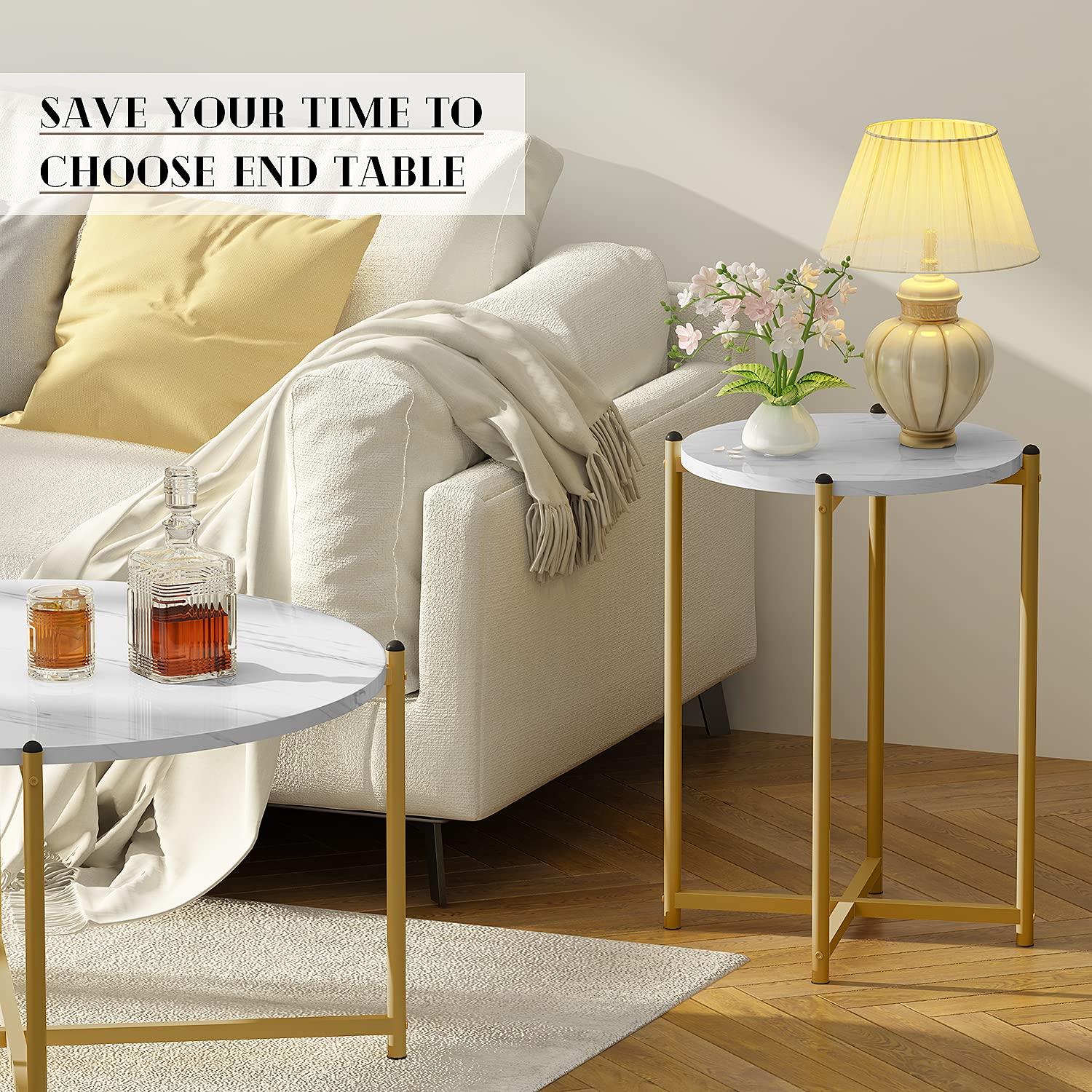 DKLGG Faux Marble Coffee Table Set of 3 - Round Coffee Table & 2 End Tables with Sturdy Metal Frame, Modern Sofa Side Tables for Living Room, Apartment, Lounge | Perfect for Coffee, Books & Decor Display