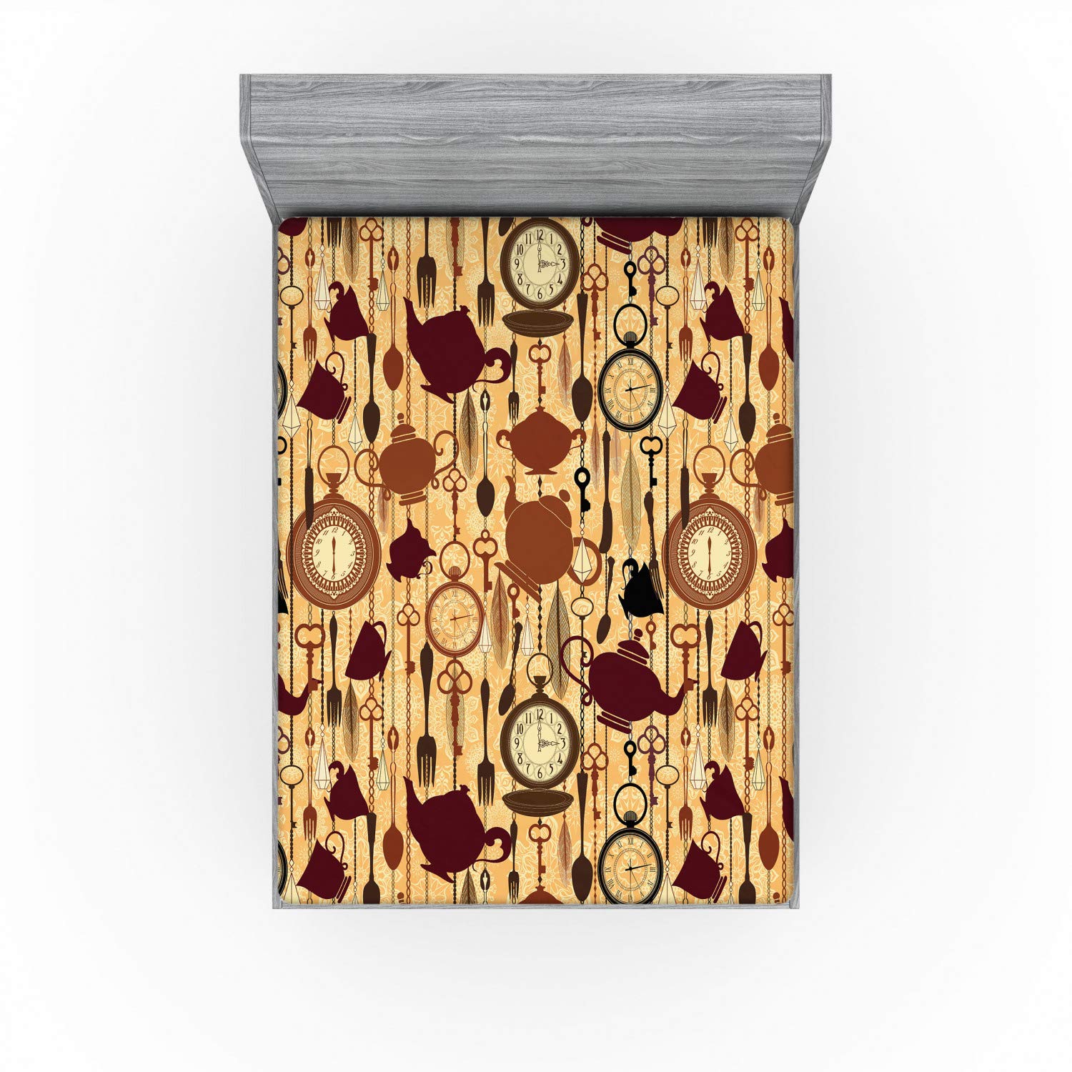 Ambesonne Victorian Style Tea Party Fitted Sheet - Queen Size Brown Redwood Floral Print with Deep Pocket Elastic - Perfect for Themed Bedrooms, Guest Rooms & Tea Lover's Decor