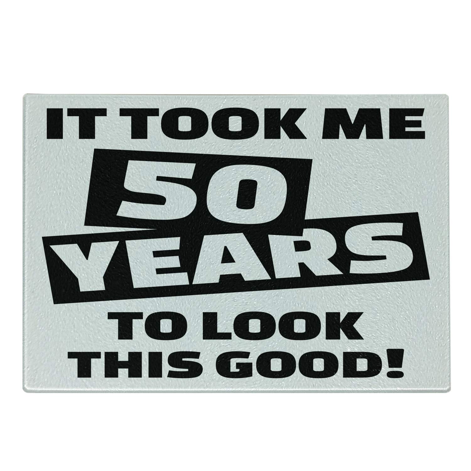 Ambesonne 50th Birthday Cutting Board - Funny Happy Face Expression & Self Confidence Themed Pictogram Design - Decorative Tempered Glass Serving Board - Small Size Black & White - Perfect for Birthday Parties, Kitchen Decor & Gift Giving