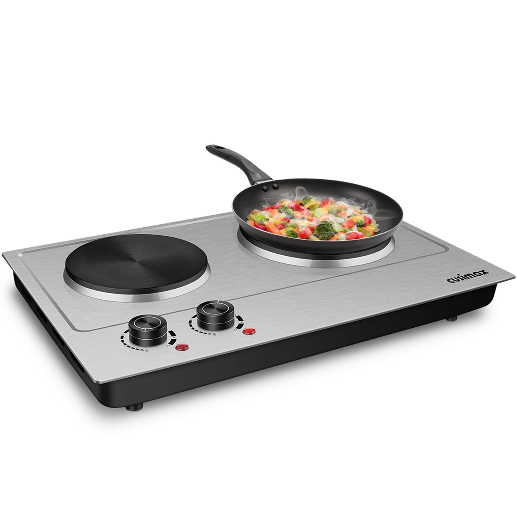 CUSIMAX 1800W Double Burner Electric Hot Plate - Stainless Steel Portable Cooktop with Cast Iron Heating Plates | Easy Clean Countertop Burner for Home, Office & Camping Cooking | Upgraded Version C180N