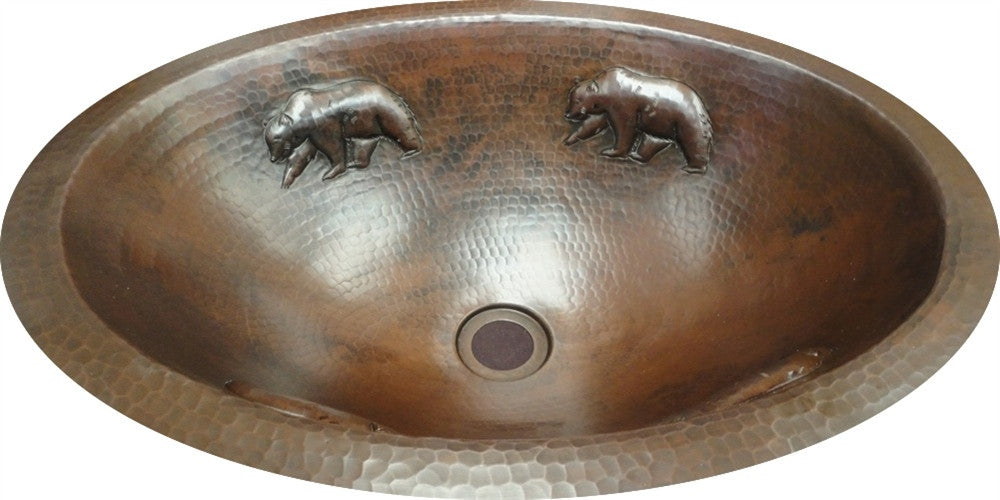 Handmade Oval Copper Sink with Flat Edge - Bear Design Farmhouse Kitchen Sink - Perfect for Rustic Bathroom Vanity or Country Style Kitchen Decor