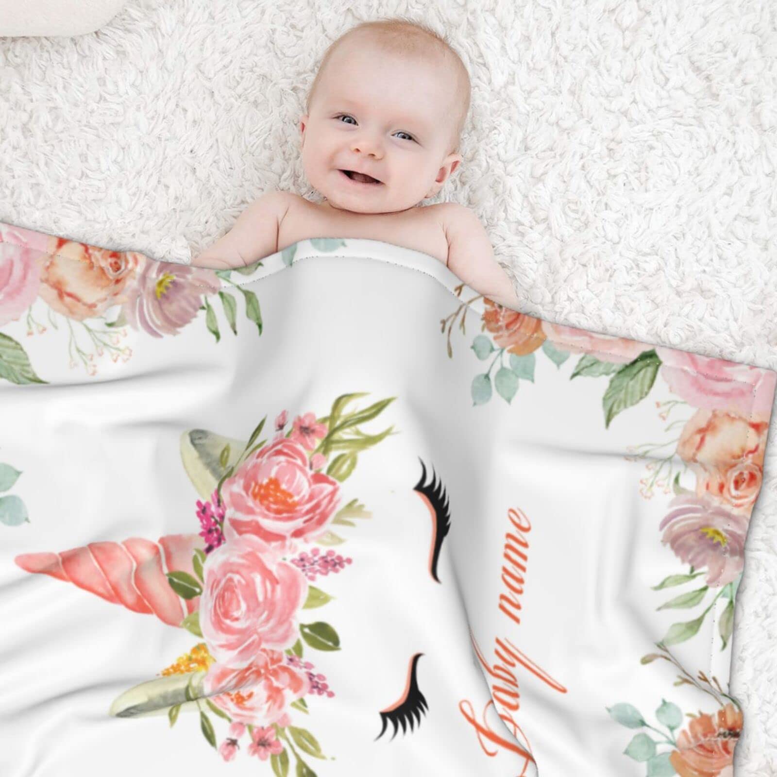 Personalized Baby Blanket with Name - Custom Floral Fleece Blanket for Newborn Girls & Boys - Soft Elephant Design Baby Gift for Shower, Nursery & Photo Props
