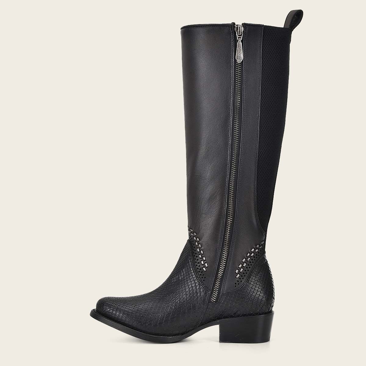 Women's Cuadra Black Casual Fashion Python Skin Stitched Tall Boots - Stylish Knee-High Boots for Everyday Wear, Office & Night Out