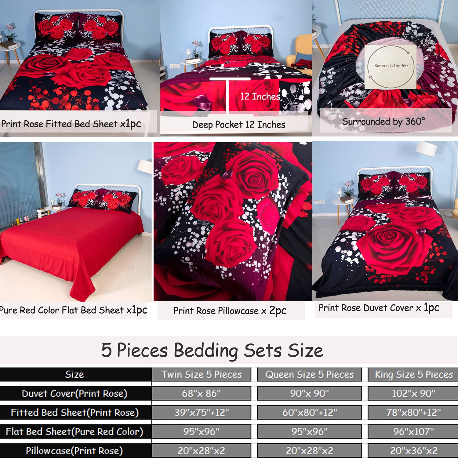 5-Piece 3D Rose Floral Duvet Cover Set King Size - Red Rose Wedding Bedding Includes 1 Duvet Cover, 1 Flat Sheet, 1 Fitted Sheet & 2 Pillow Shams - Luxury 3D Floral Bedspread for Romantic Bedroom Decor