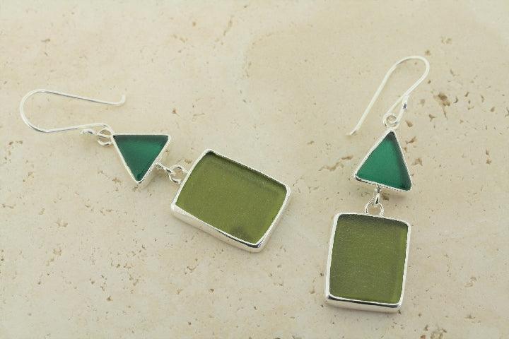 Double Green Sea Glass Earrings - Handmade Dangle Jewelry for Women - Perfect for Beach Weddings, Boho Fashion & Gift Giving