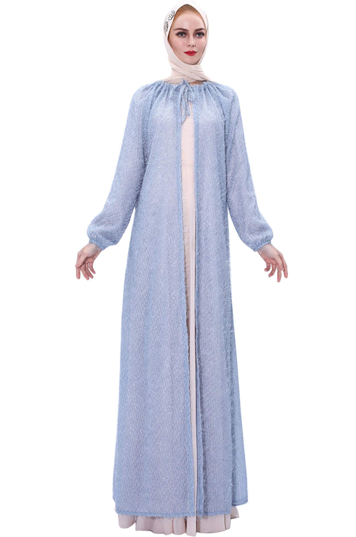 GladThink Women's Muslim Blue Cardigan with Drawstring - Outerwear Cape Kimono for Modest Fashion & Layering | Perfect for Prayer, Work & Casual Wear
