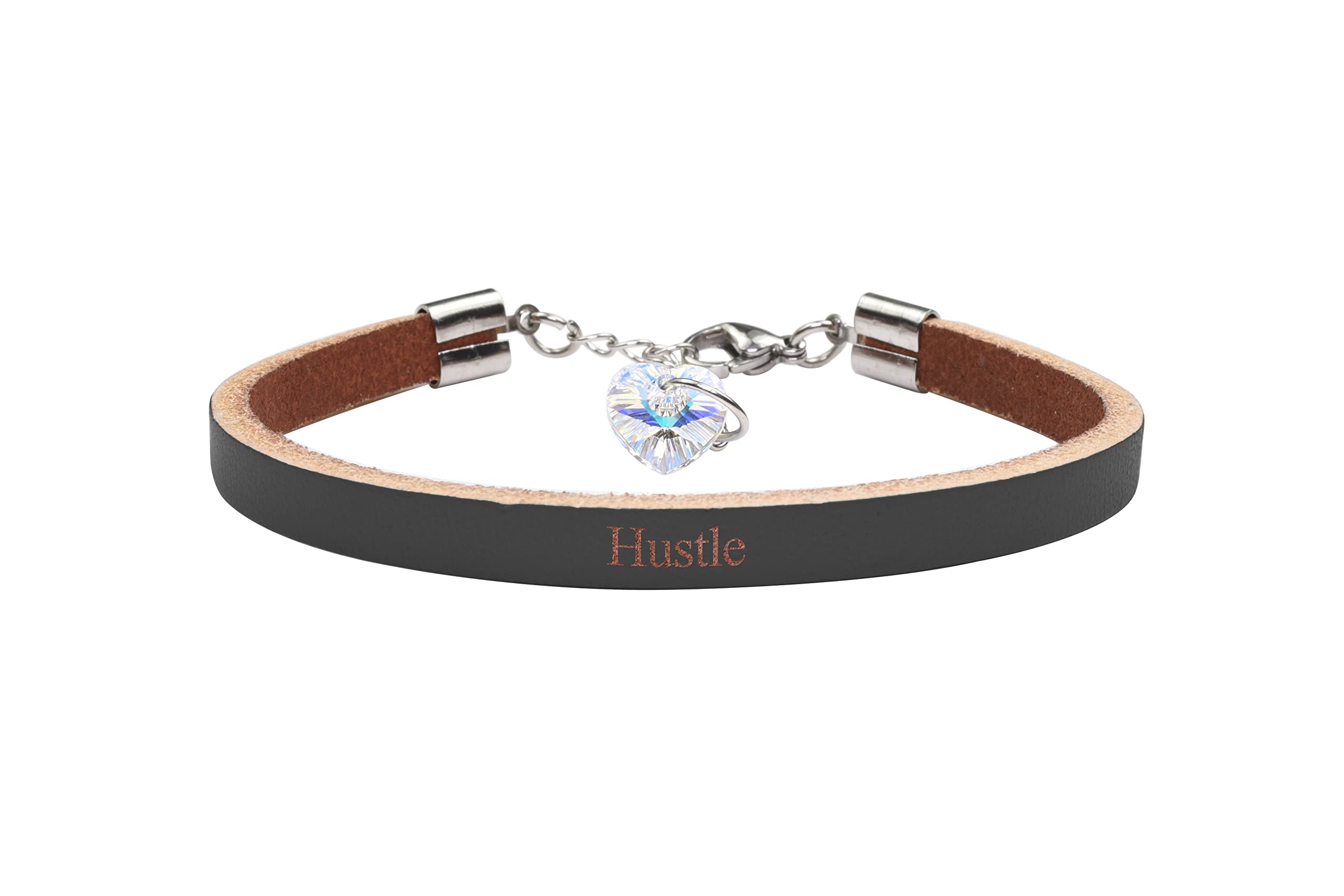 Pink Box Hustle Motivational Leather Bracelet with Genuine Austrian Crystals - Perfect for Women's Daily Wear, Gift Giving & Special Occasions