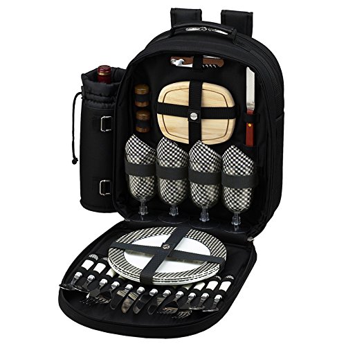 4 Person Picnic Backpack Set - Complete Outdoor Picnic Equipment with Insulated Cooler, Blanket & Utensils (Black) - Perfect for Beach, Park, Hiking and Family Outings