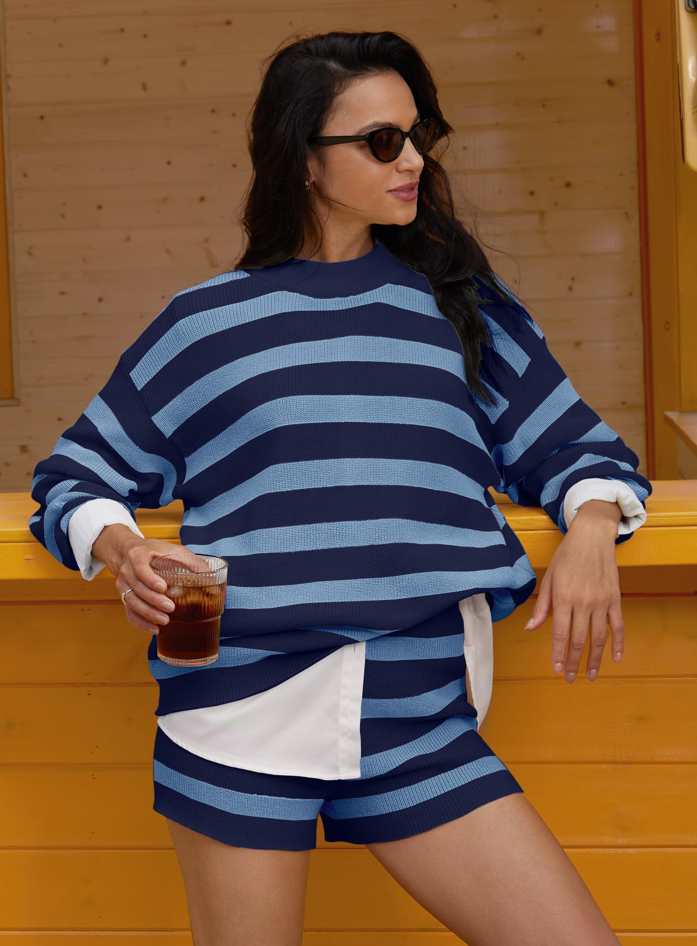 Yanekop Women's Striped Sweater & Shorts Lounge Set - Oversized 2 Piece Pajama Set with Long Sleeve Tunic - Cozy Matching Outfit for Home, Sleepwear & Loungewear