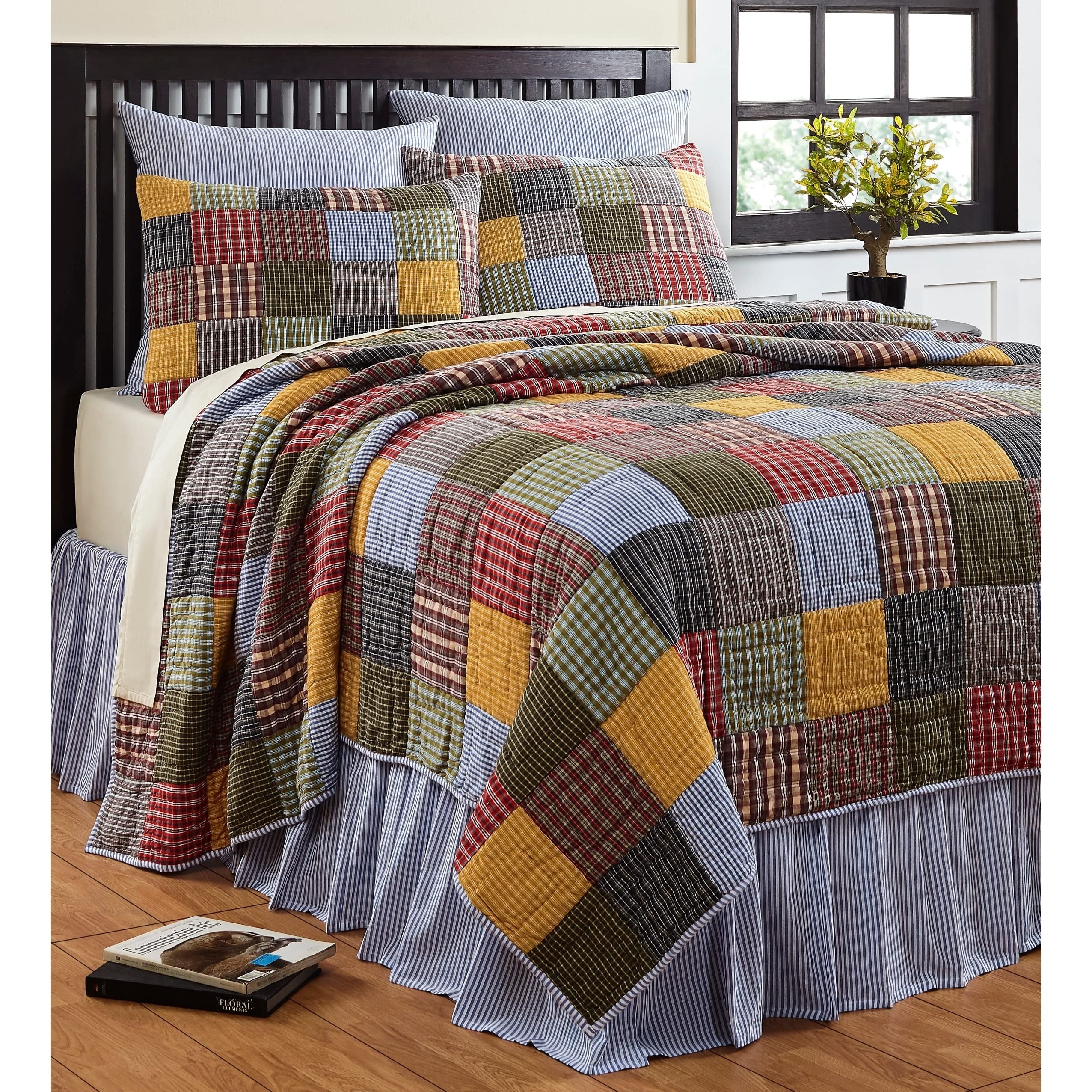 Reversible Cotton 3-Piece Quilt Set - Yellow, Blue & Green Queen Size Bedding for Cozy Home Decor & Guest Room Essentials