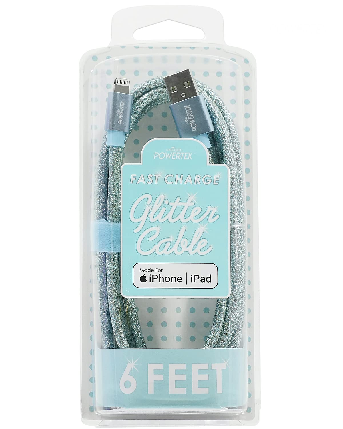 LIQUIPEL Powertek Glitter MFi Certified Fast Charging Cable 6ft - Lightning to USB Cable Compatible with iPhone 14/13/12/11/X/8/7, iPad & AirPods - Baby Blue | Perfect for Home, Office & Travel Charging