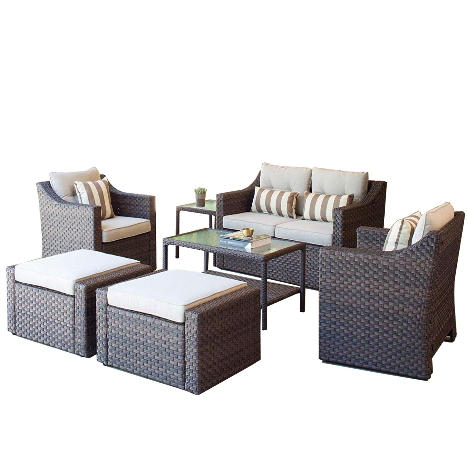 SOLAURA 7-Piece Brown Wicker Outdoor Patio Furniture Set with Cushions - Lounge Chairs, Ottoman, Loveseat & Glass Coffee Table - Weather-Resistant Rattan Conversation Set for Garden, Poolside & Backyard Relaxation