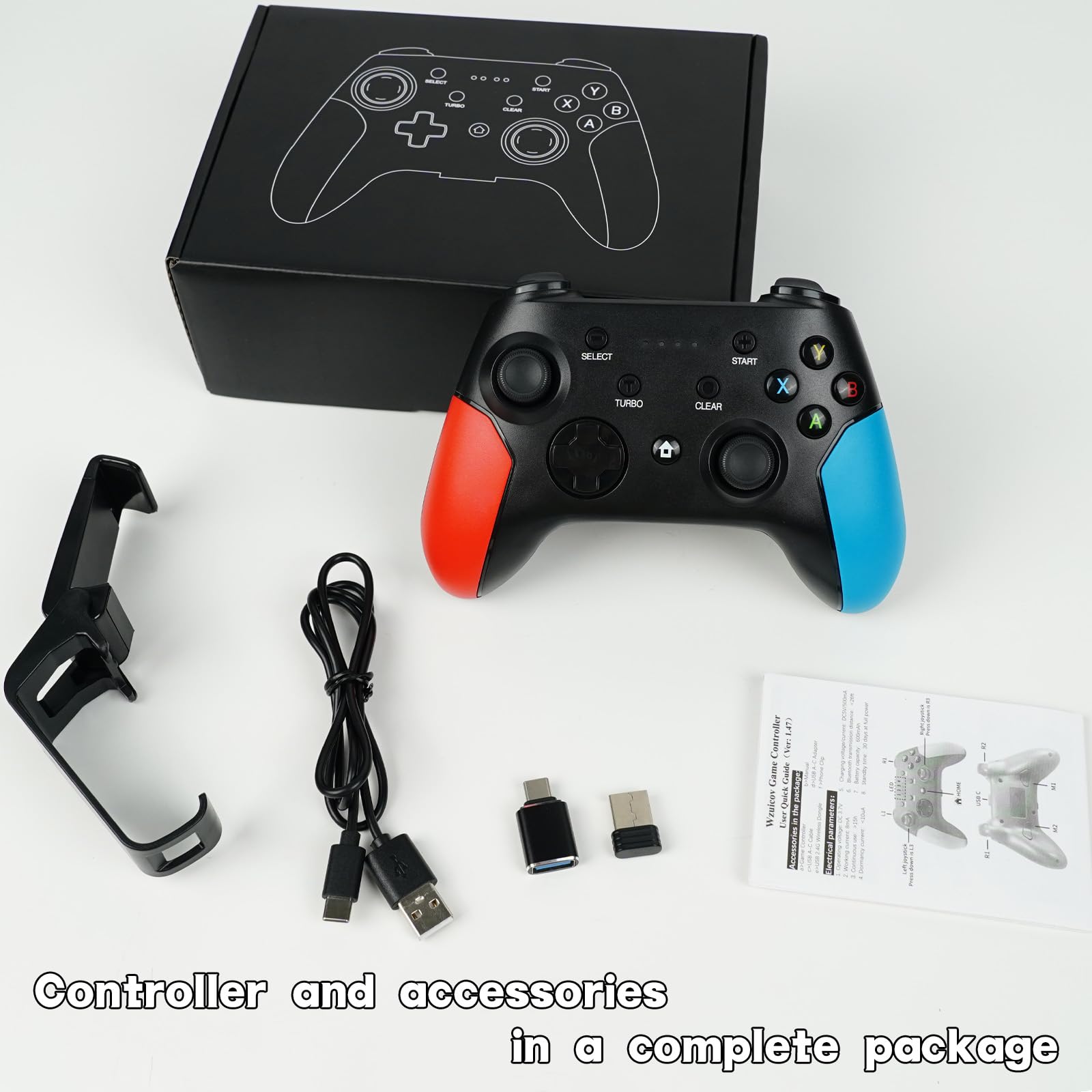 Wireless Bluetooth Controller for iPhone, Android, Switch, PC - Gaming with Dongle & Phone Clip