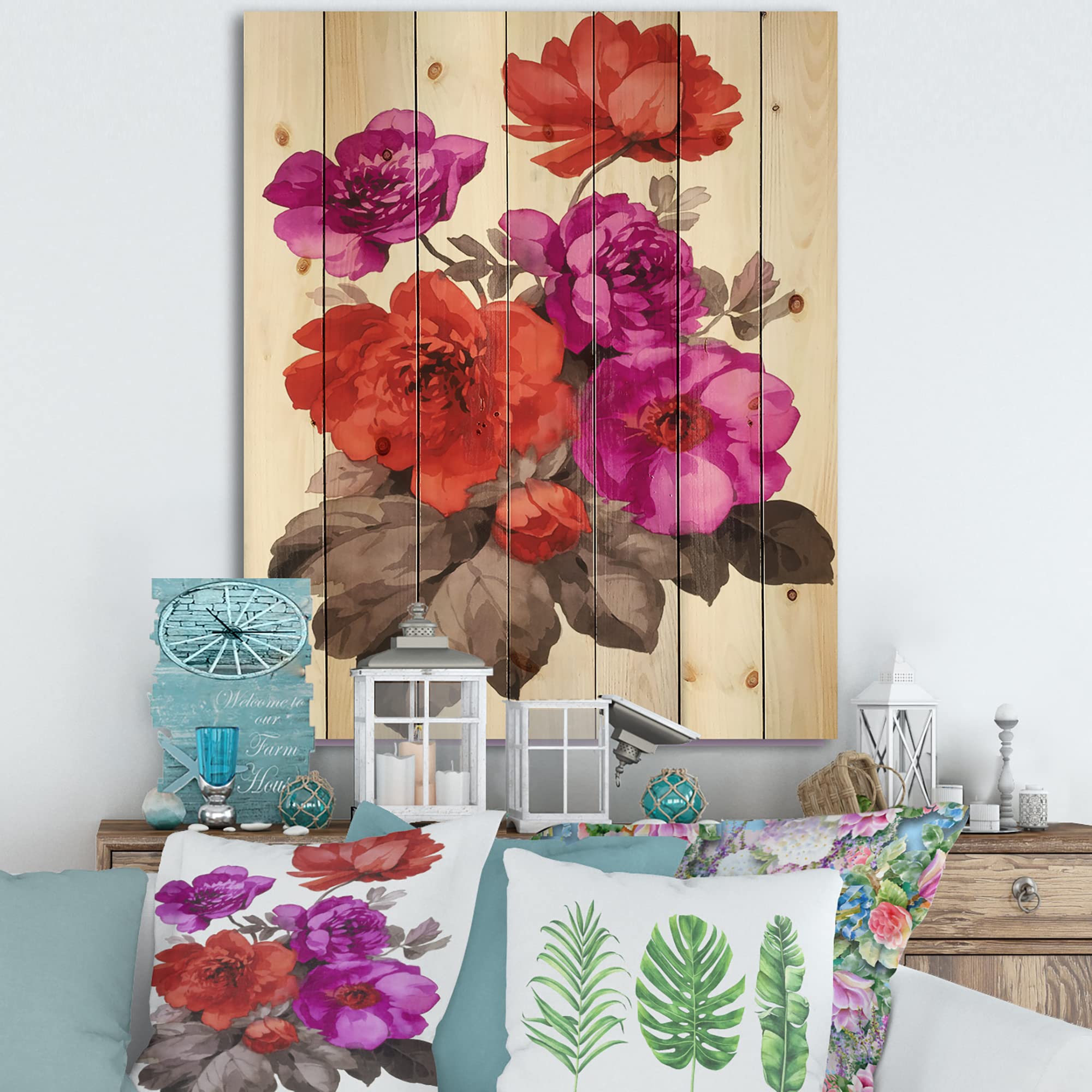 DesignQ Red & Fuchsia Floral Traditional Wood Wall Decor - Purple Large Floral Wall Art Panel Printed on Natural Pine Wood - Perfect for Living Room, Bedroom & Home Office Decoration