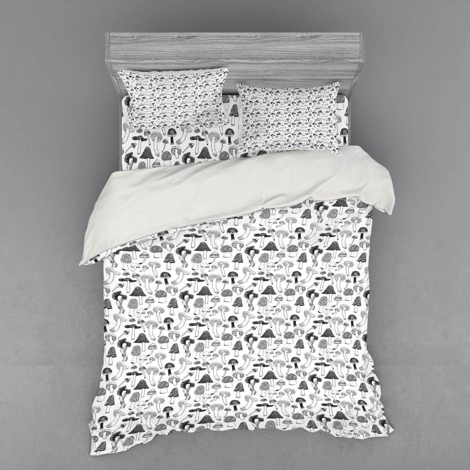 Ambesonne Mushroom Bedding Set Queen Size - 4 Piece Duvet Cover with Shams & Fitted Sheet - Charcoal Grey Sketchy Drawing Repetitive Design - Soft Microfiber Bedroom Decor for Cozy Autumn Nights