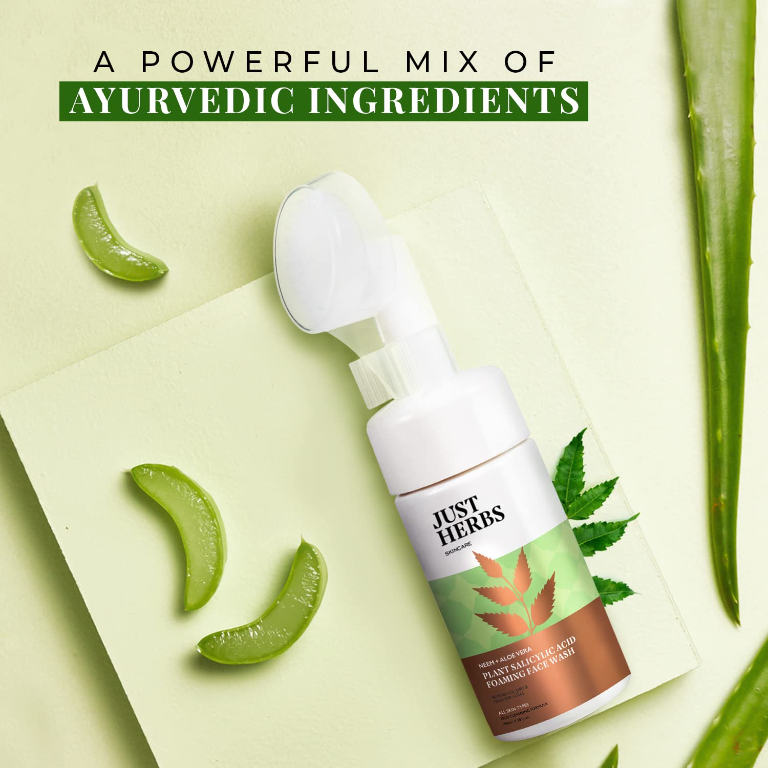 Just Herbs Neem & Aloe Vera Foaming Face Wash with Salicylic Acid - 100ml for Men & Women | Acne Treatment, Oil Control & Deep Cleansing | Perfect for Daily Skincare Routine