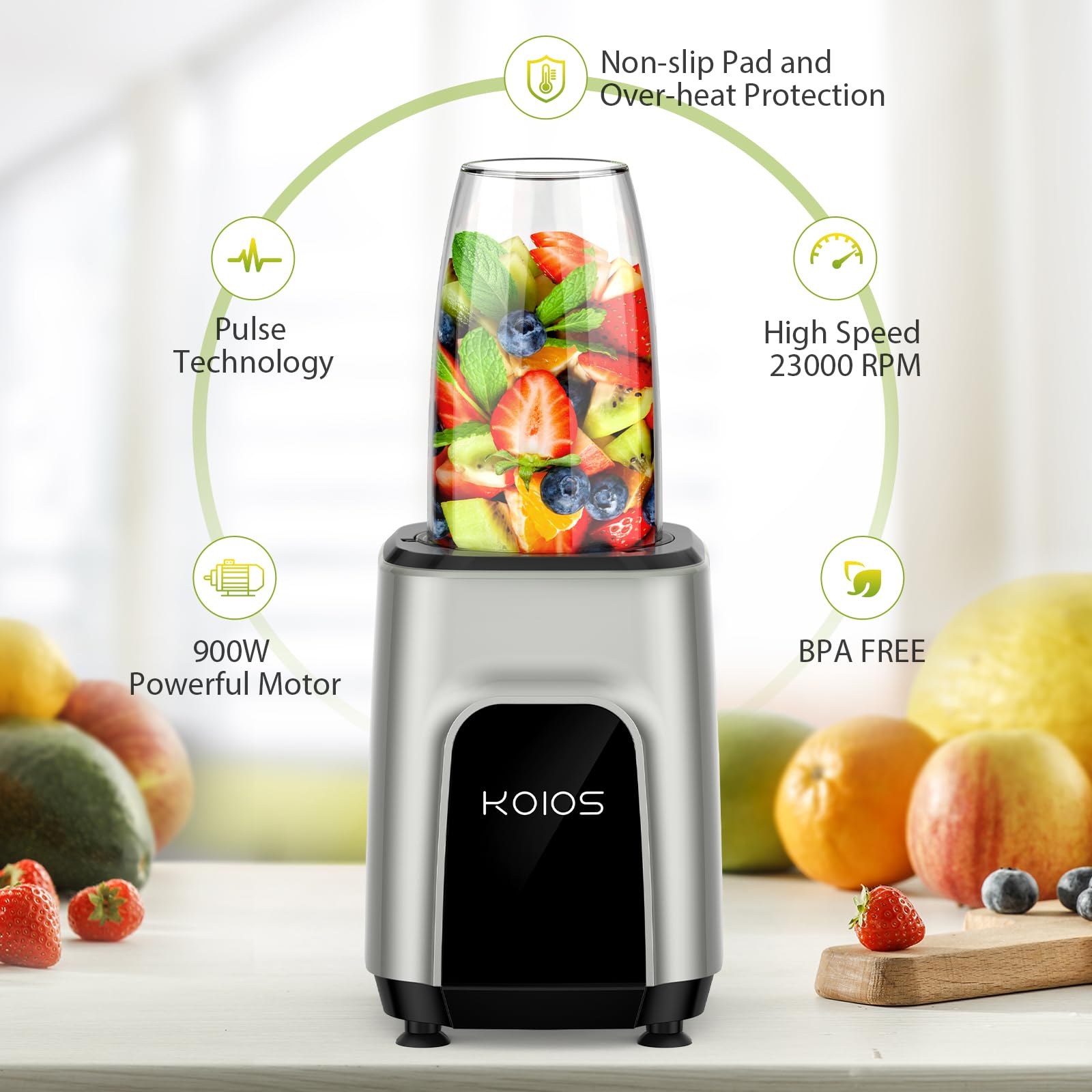 KOIOS 900W High-Speed Countertop Blender for Smoothies, Protein Shakes & Baby Food - 11-Speed Blender with 2x18.6oz & 10oz BPA-Free Cups - Perfect for Nut Butter, Spice Grinding & Coffee Beans - Ideal for Kitchen, Gym & Healthy Lifestyle