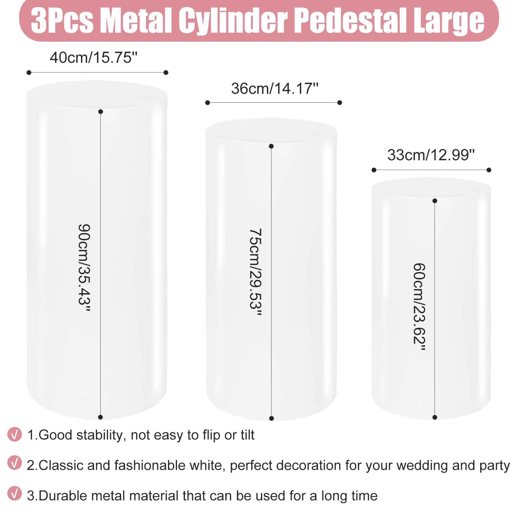 3PCS White Metal Cylinder Pedestal Stands - Round Dessert Table Display Pillars for Birthday, Wedding, Bridal & Baby Shower Party Decor (Large Size) | Perfect for Cake Displays, Cupcake Towers, Floral Arrangements & Event Centerpieces