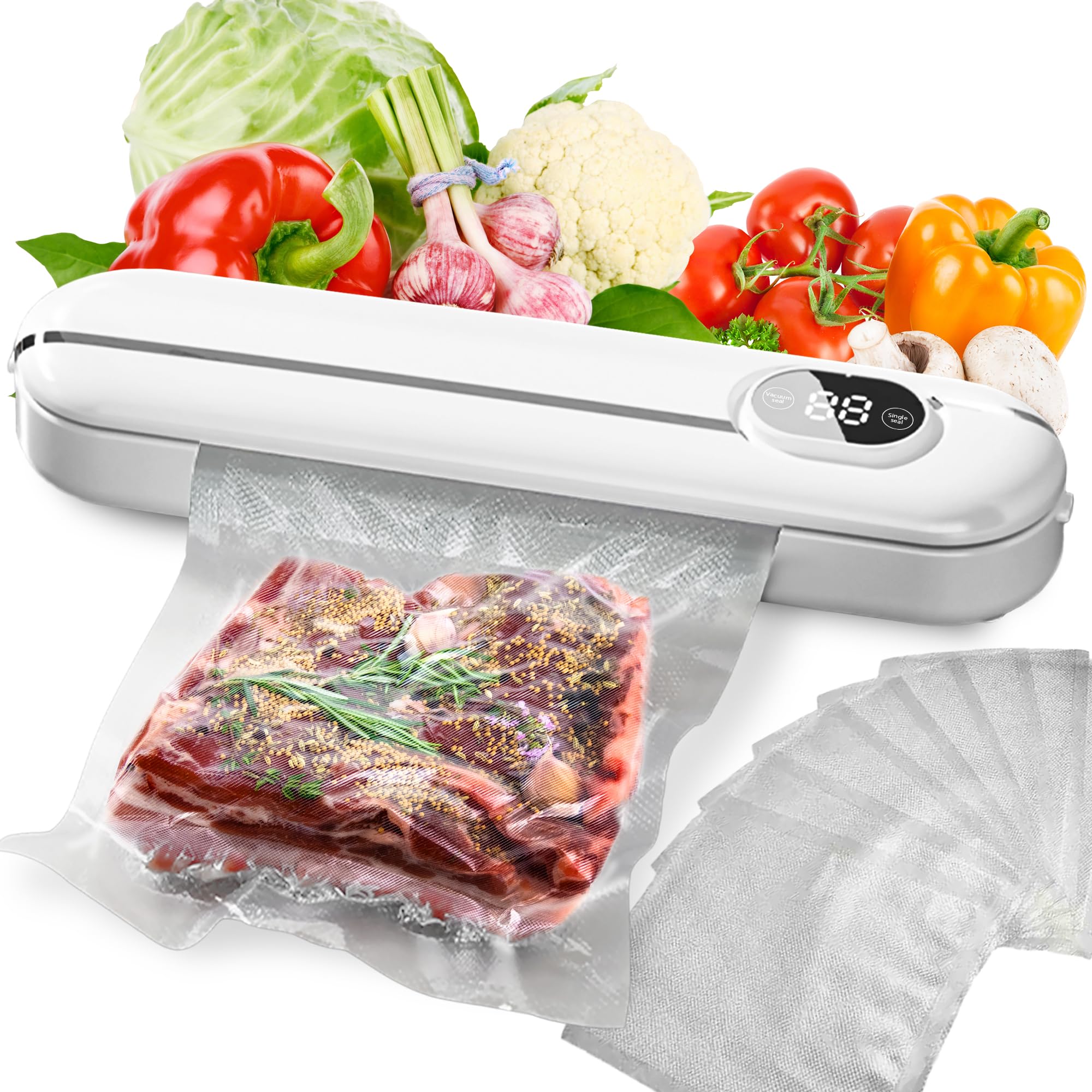Automatic Vacuum Sealer Machine for Food Preservation - Dry & Moist Food Sealer with 10 Bags (12.6x2.9 inches) | Compact White Kitchen Appliance for Meal Prep, Sous Vide & Freezer Storage - Model YQ-666